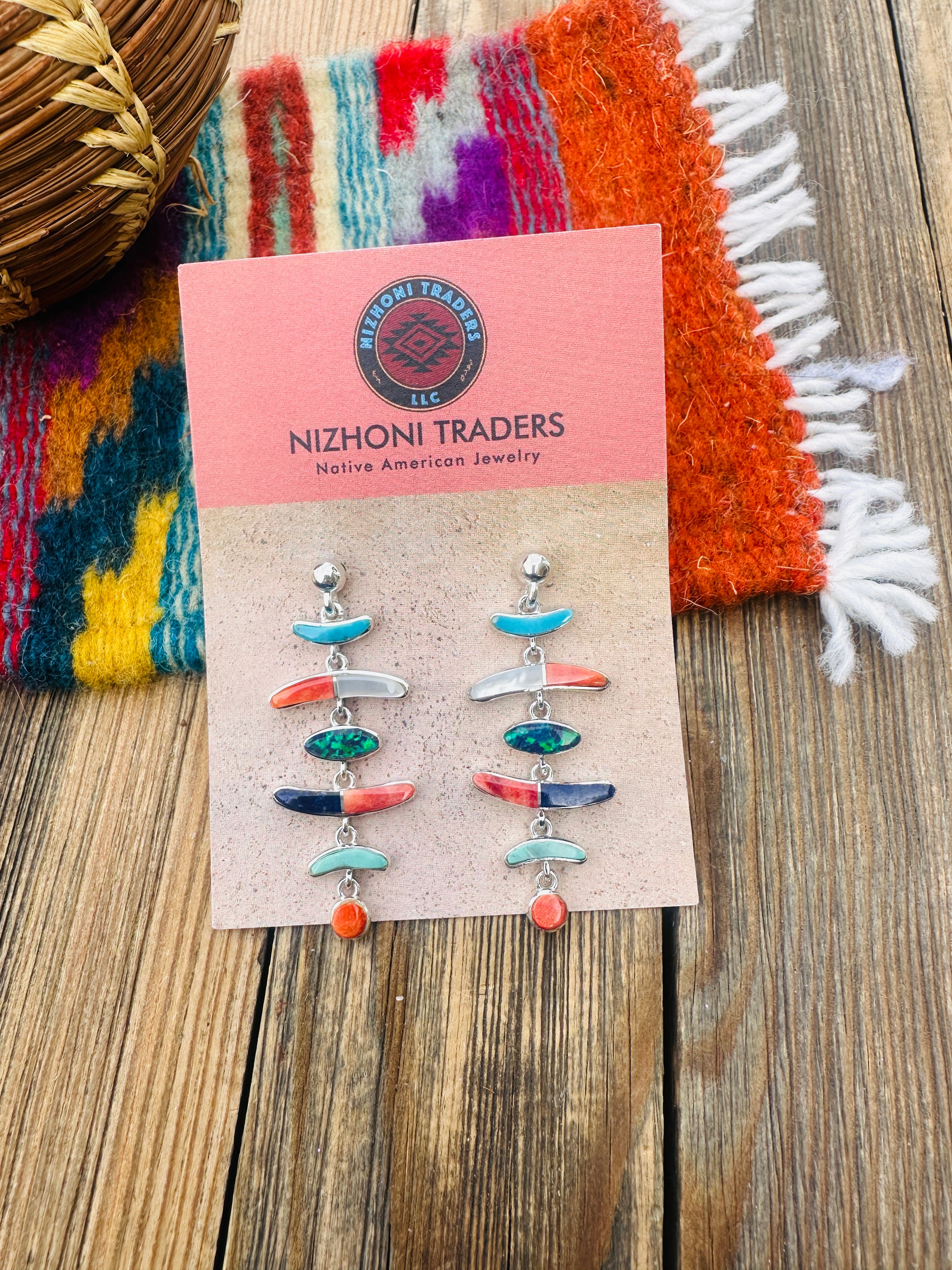 Handcrafted Multi Stone & Sterling Silver Chandelier Dangle Earrings by Valerie Yazzie