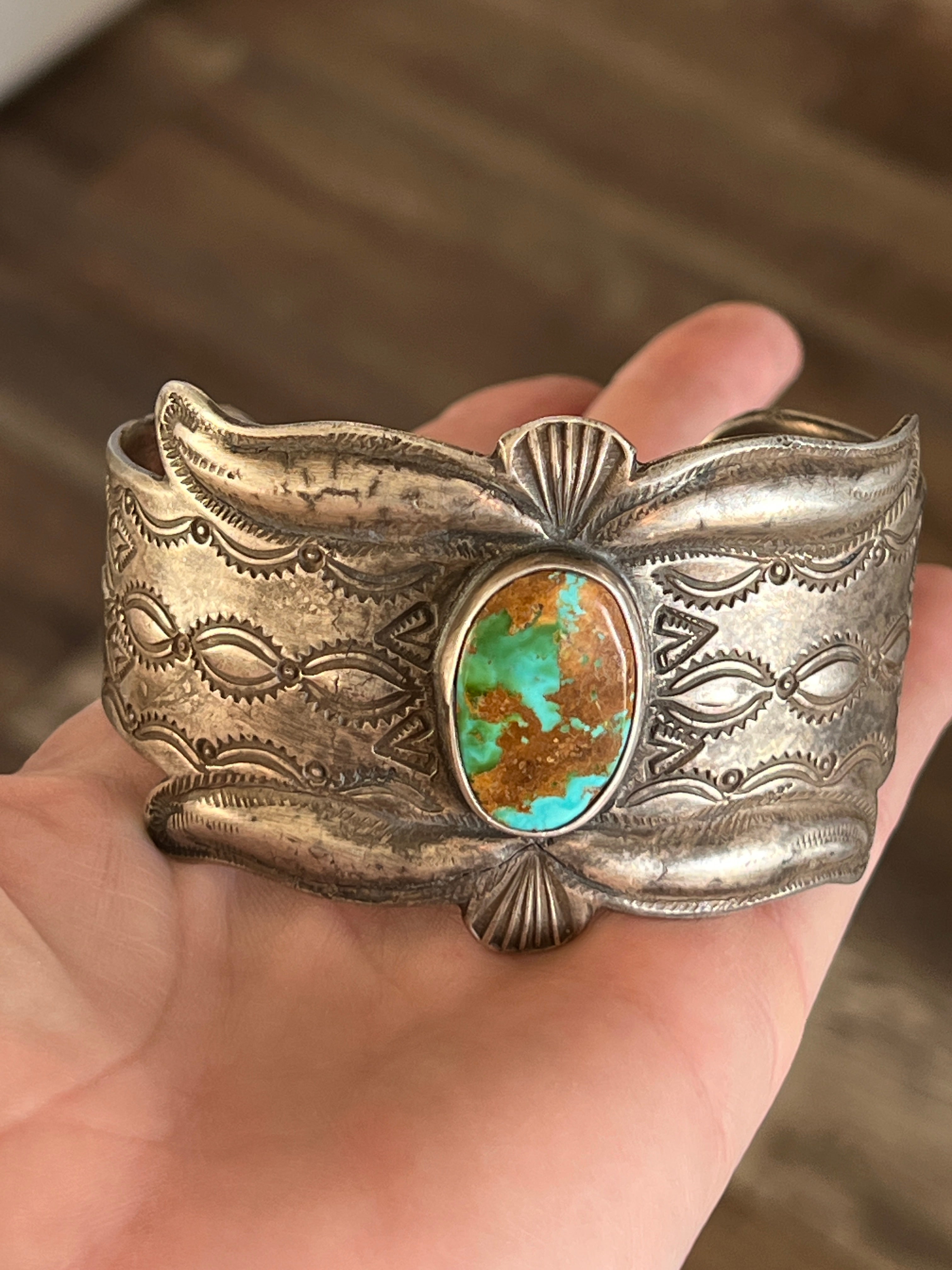 Handcrafted & Hand Forged Old Pawn Sterling Silver Ingot Turquoise Cuff Bracelet by Santa Fe Artist, Buffalo: The Royston