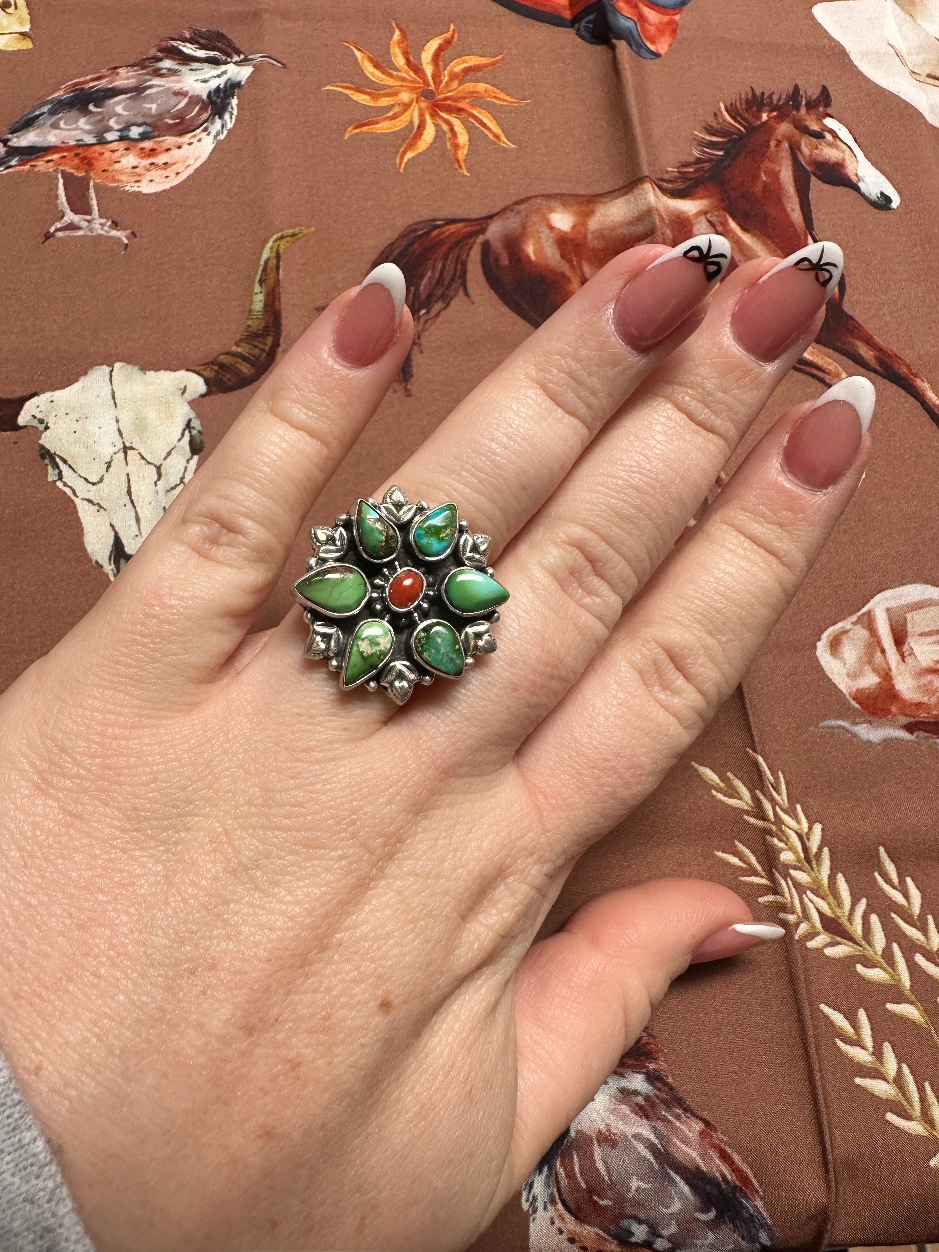 Beautiful Handmade Coral, Sonoran Turquoise And Sterling Silver Adjustable FLOWER Ring