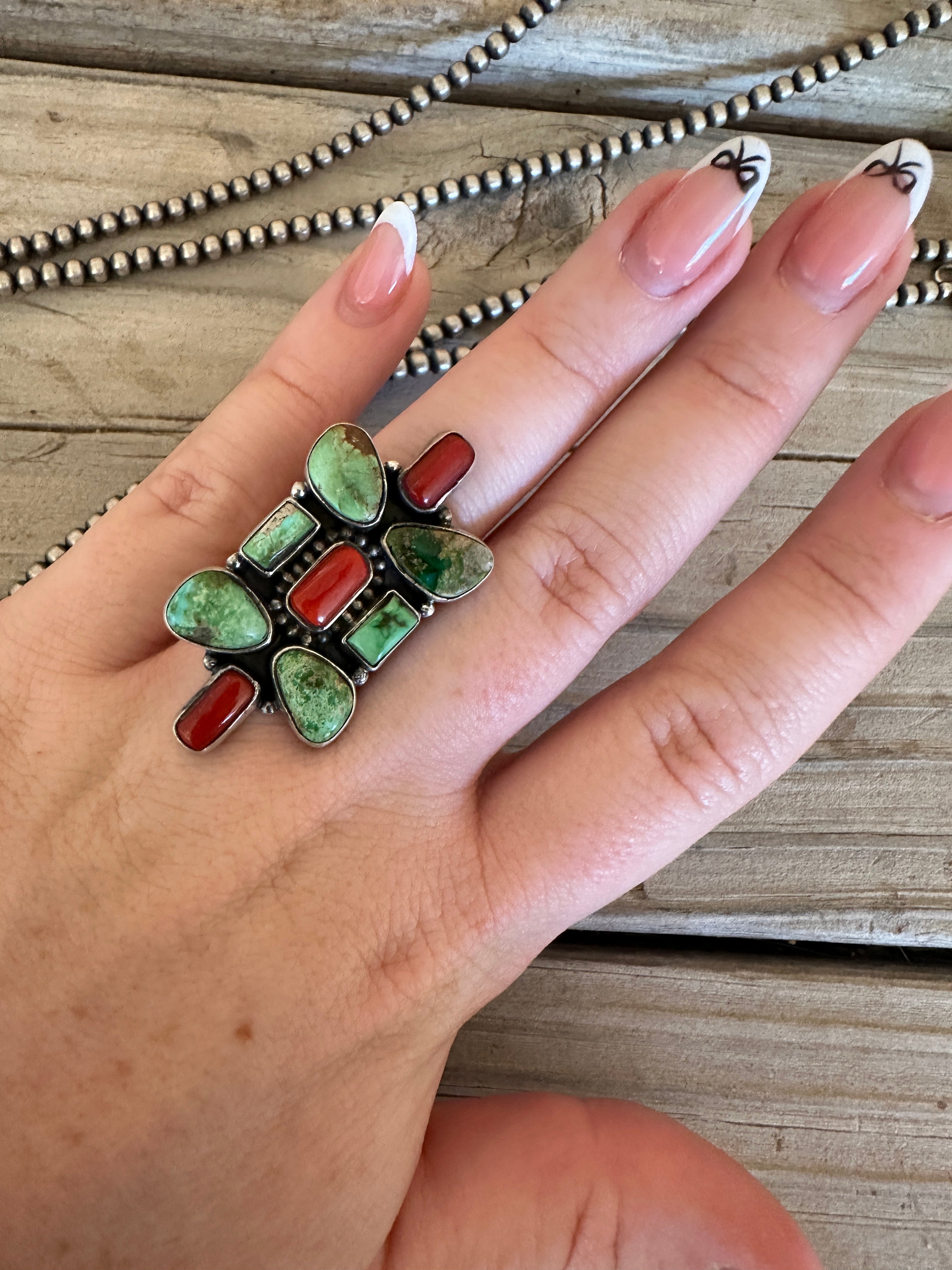 Beautiful Handmade Coral, Sonoran Turquoise And Sterling Silver Adjustable Ring