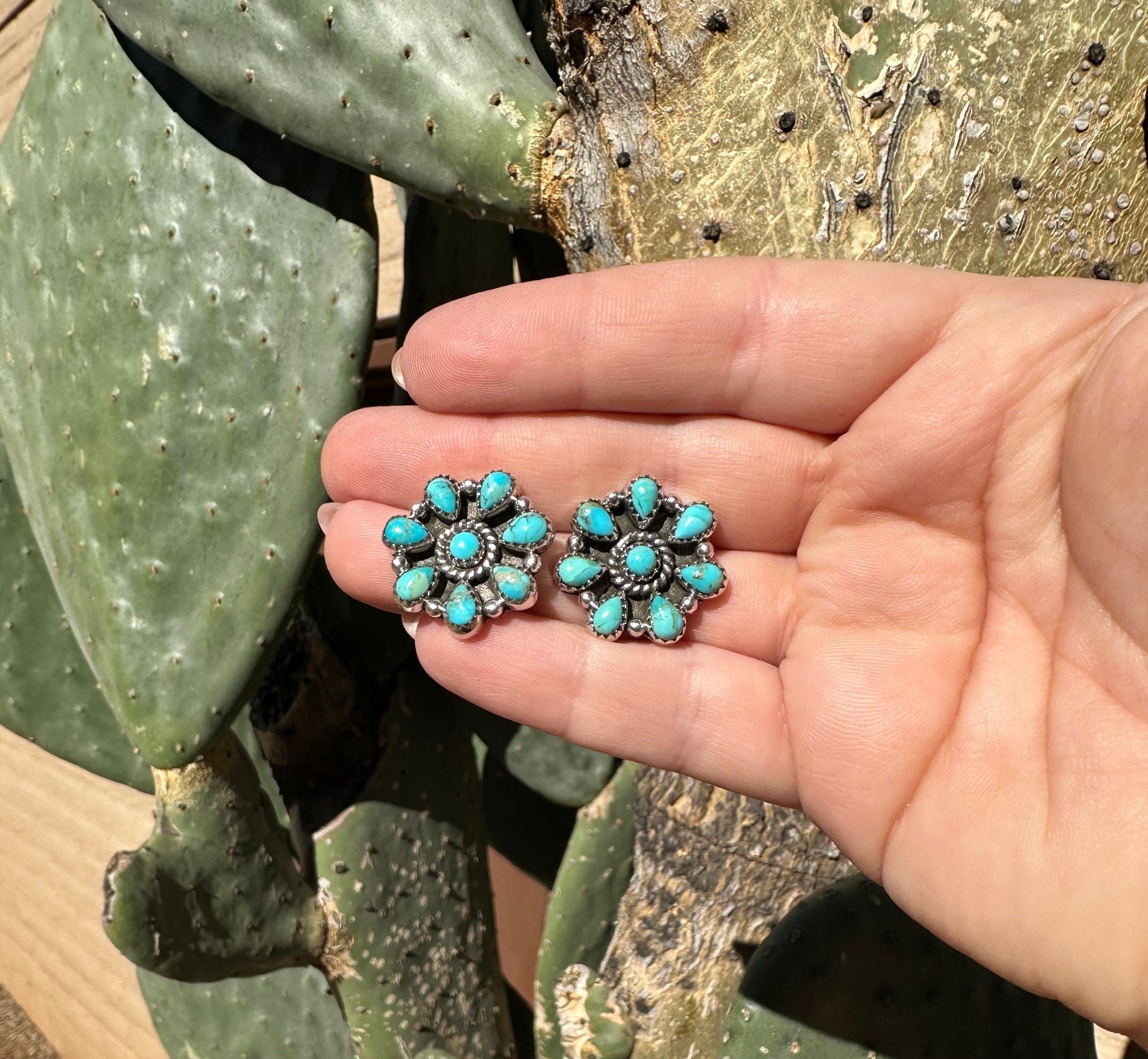 Handmade Flower Cluster Sterling Silver & Turquoise Post Earrings Signed Nizhoni