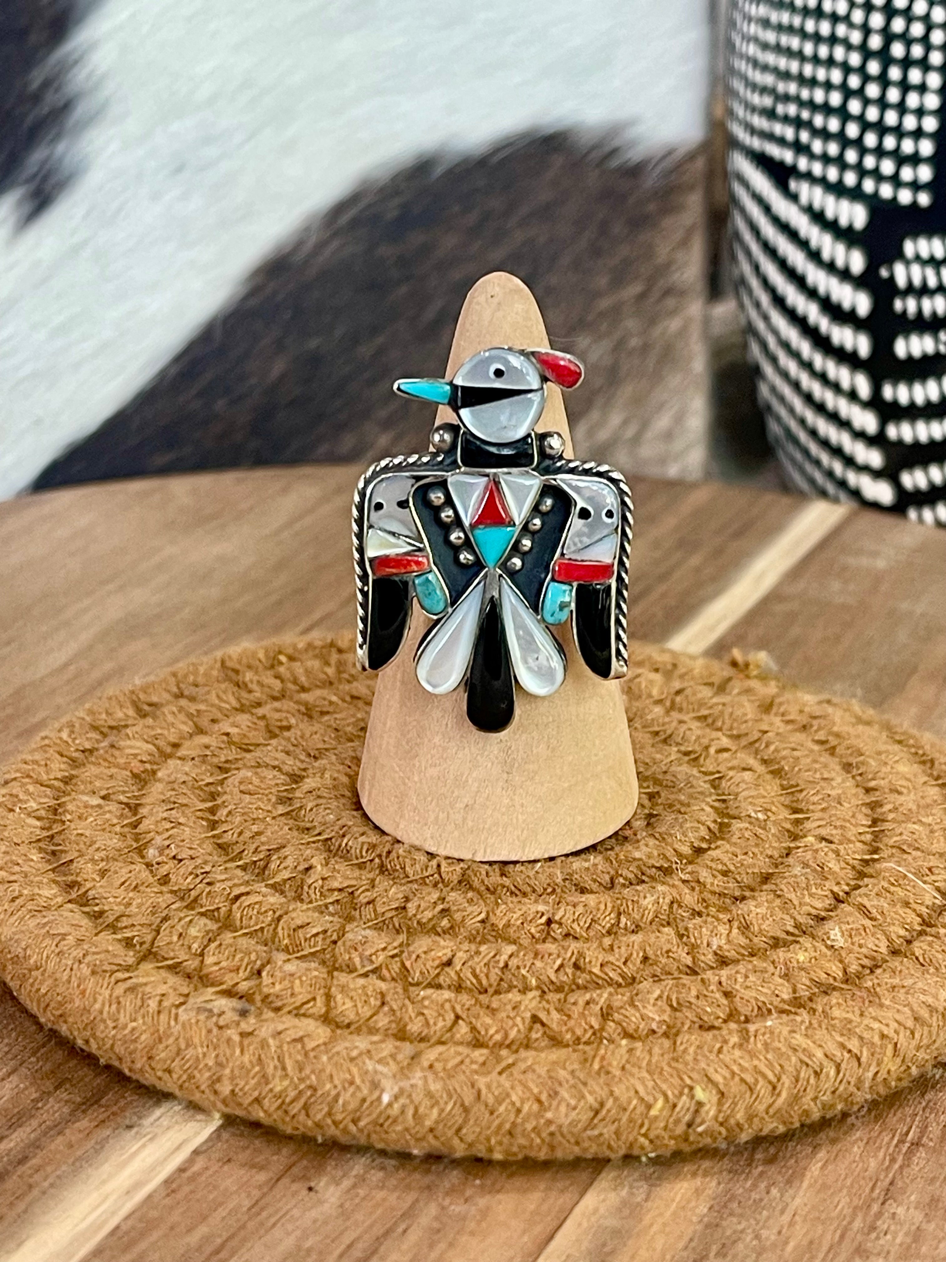 Handmade Sterling Silver & Multi Stone Thunderbird Adjustable Ring