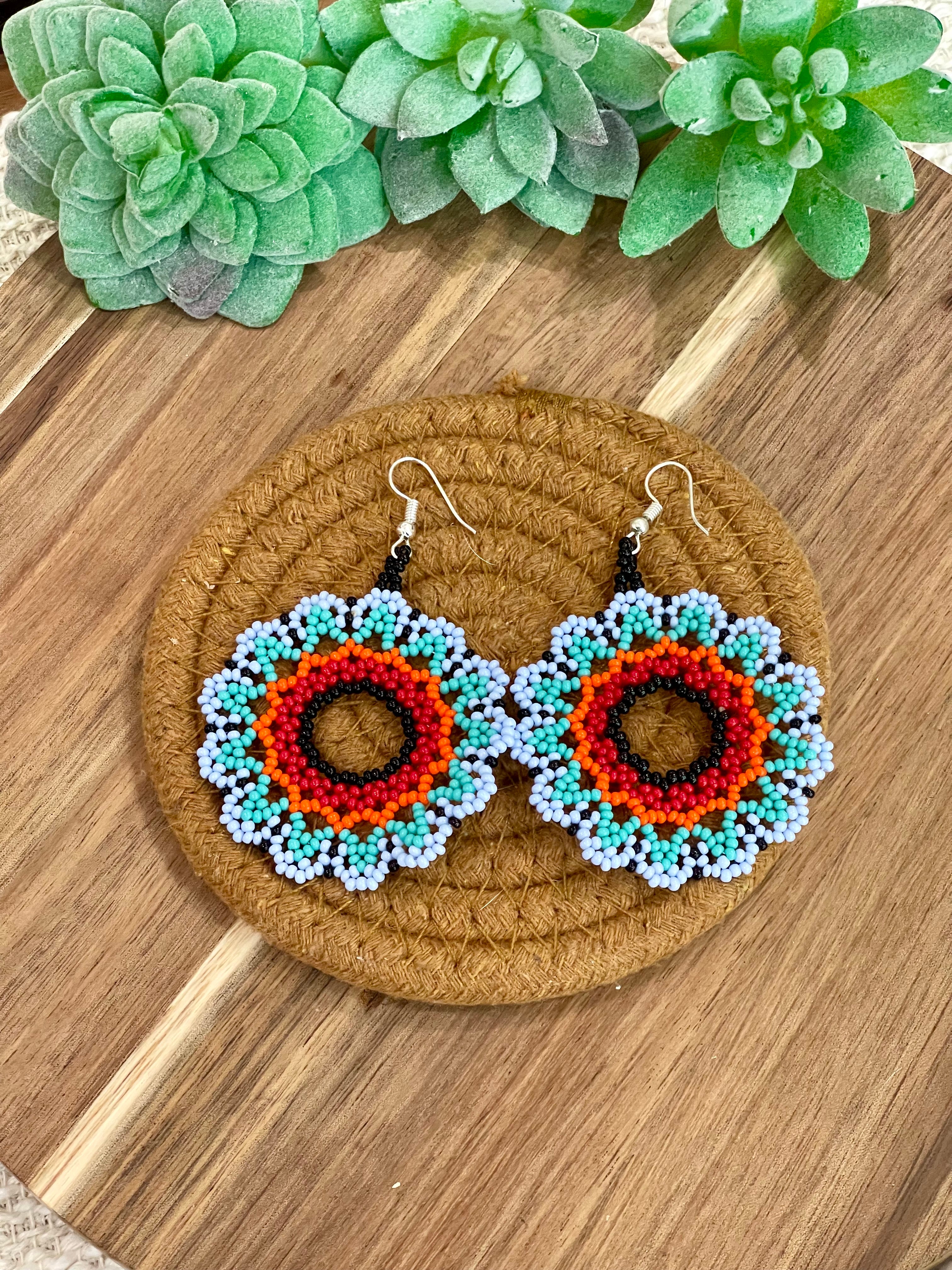 Handmade In Mexico Sterling Silver  , Multi Color Dangle Beaded Earrings