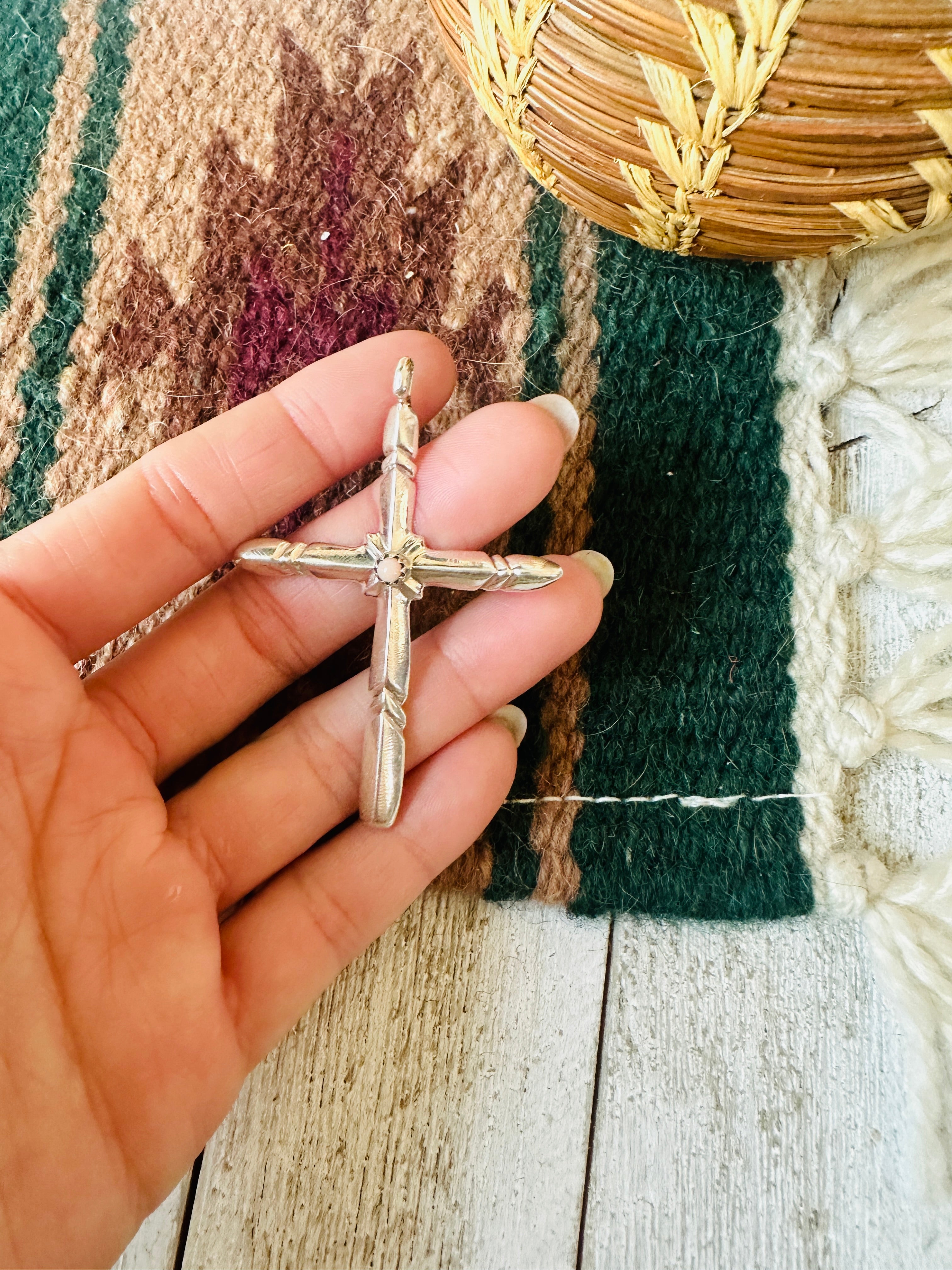 Navajo Queen Pink Conch Shell & Sterling Silver Cross Pendant