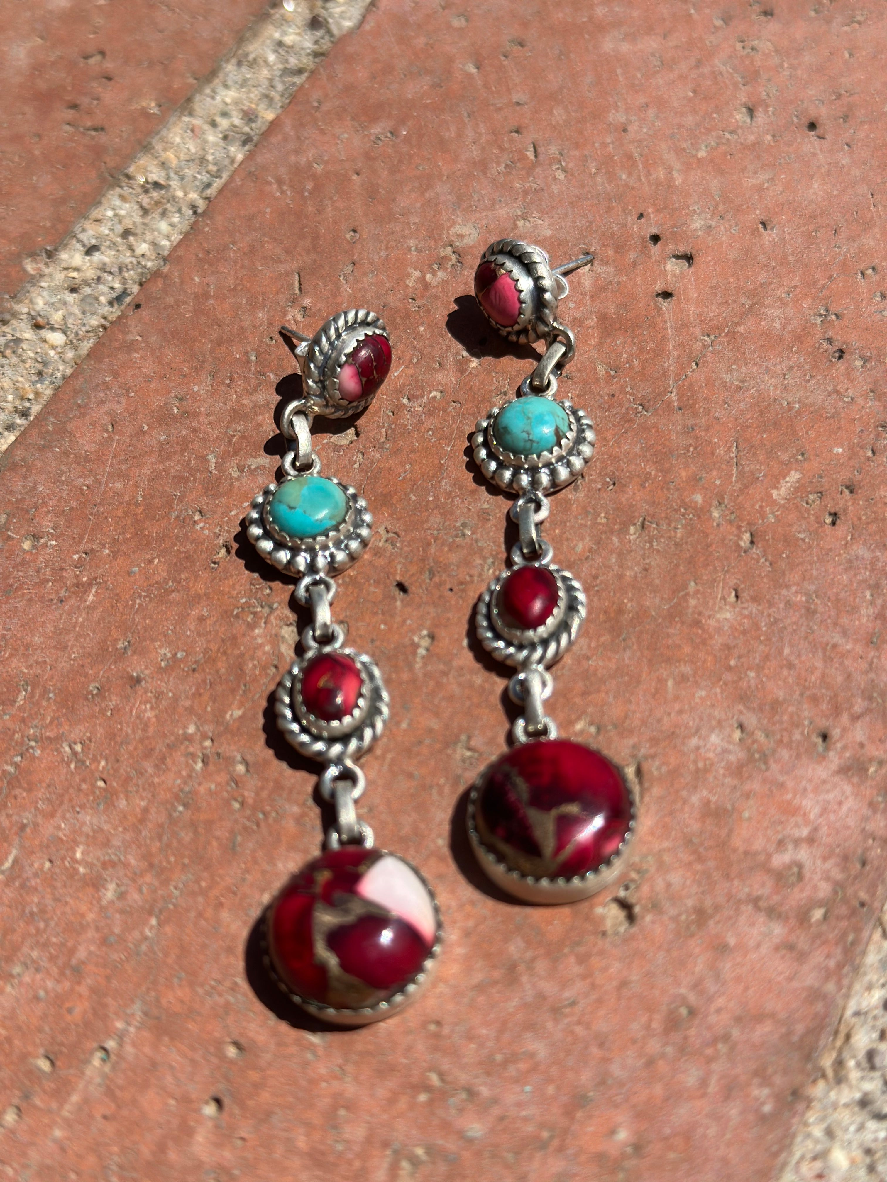 Dahlia Rose & Turquoise Handmade Sterling Silver 4 Stone Dangles