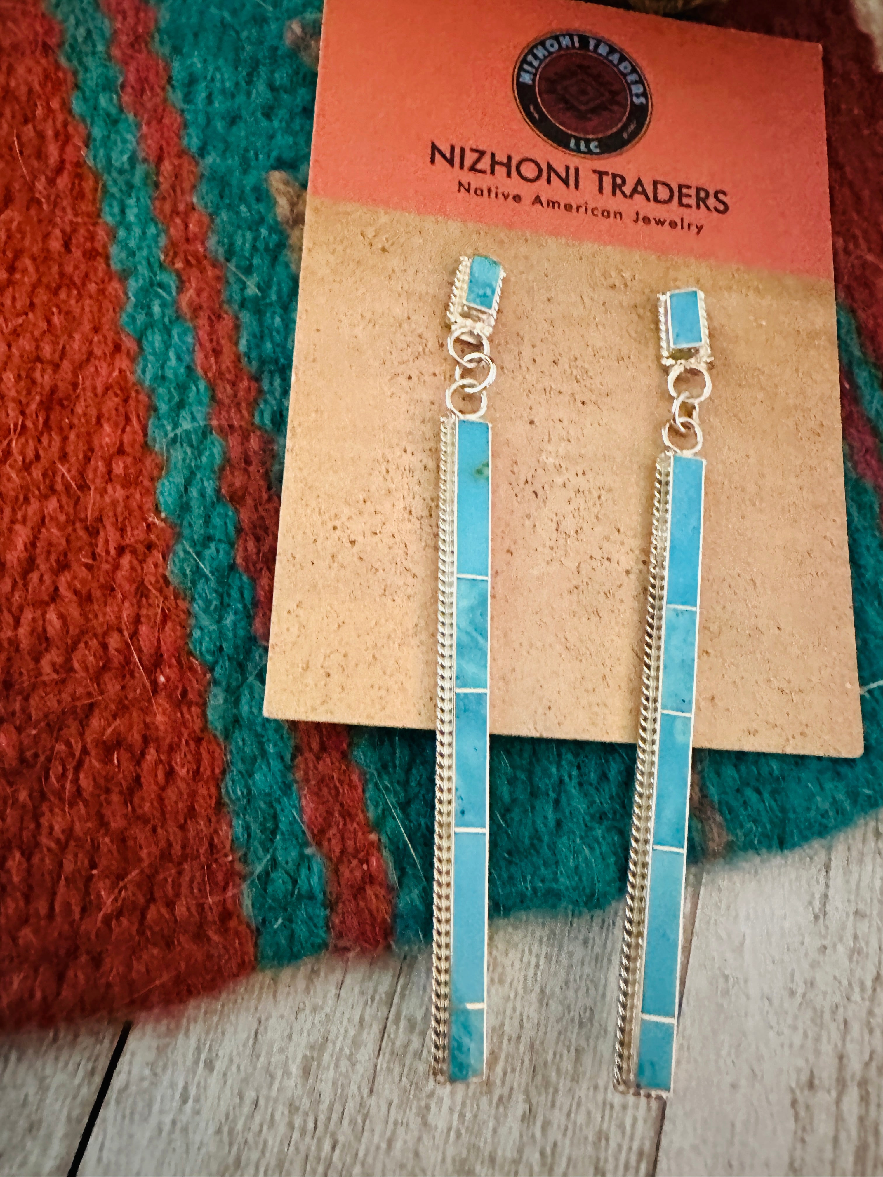 Navajo Turquoise & Sterling Silver Inlay Dangle Earrings