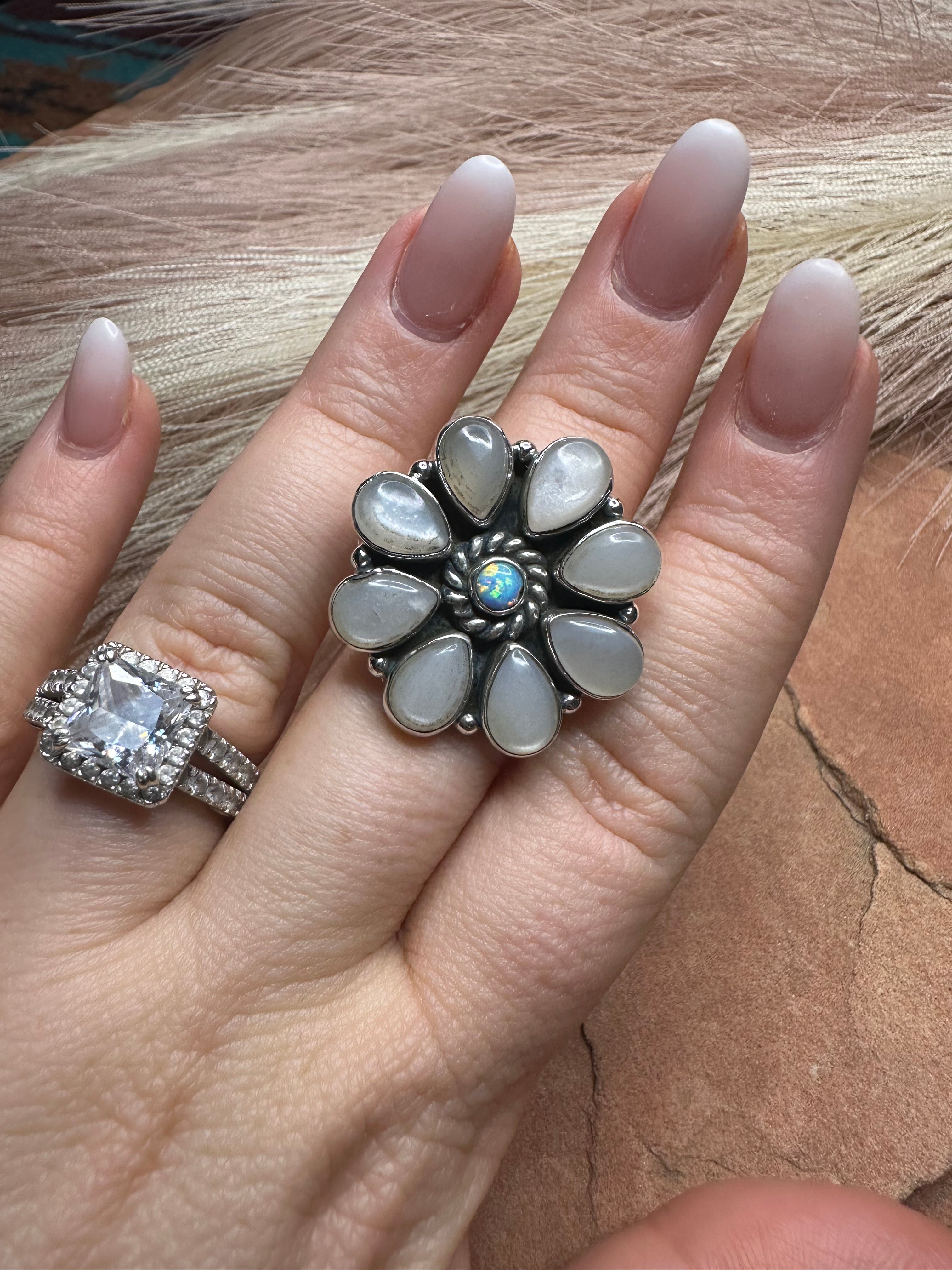 Beautiful Handmade Mother of Pearl, Fire Opal And Sterling Silver Adjustable Flower Ring