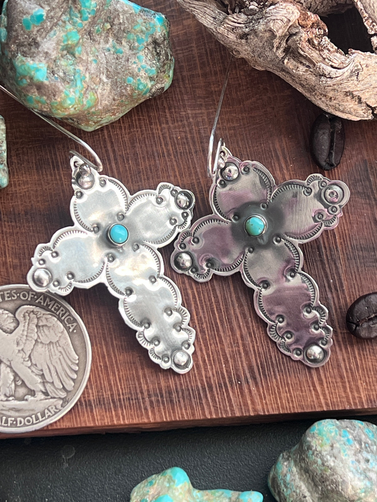 Hand Stamped Cloud Design Sterling Silver Cross Dangle Earrings with Kingman Turquoise by Kimari Somers