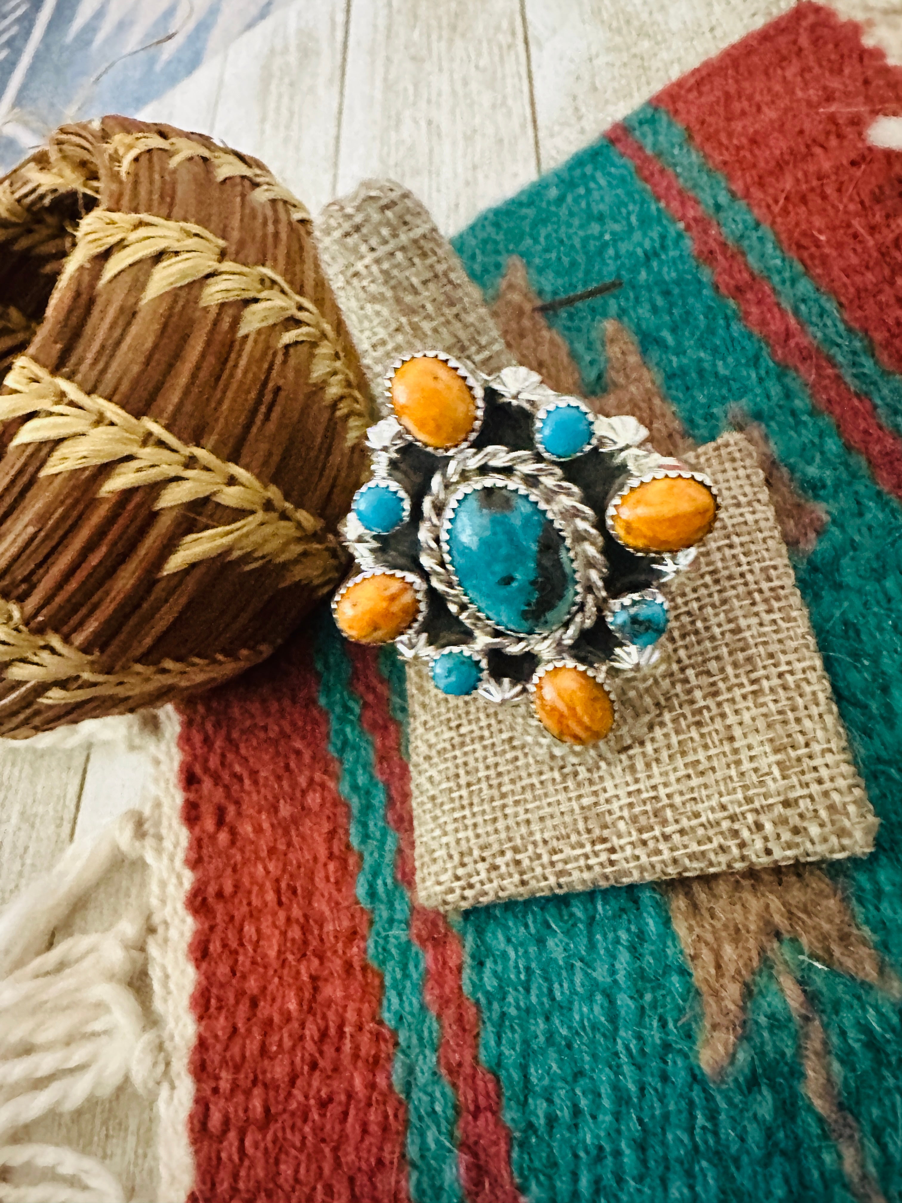 Handcrafted Turquoise, Spiny & Sterling Silver Cluster Ring size 9.5