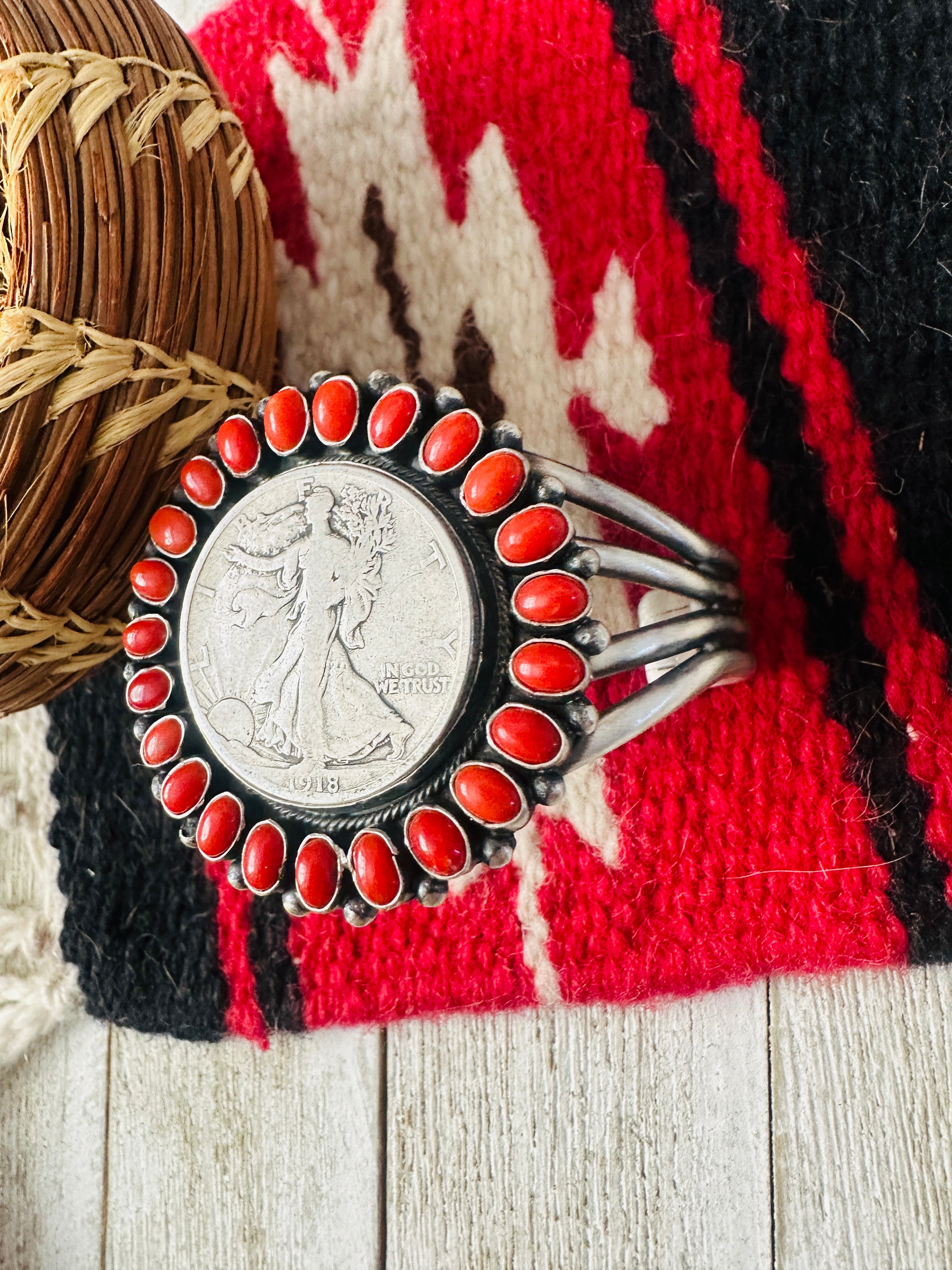 Handcrafted Coral & Sterling Silver Liberty Coin Cuff Bracelet by Darrin Livingston