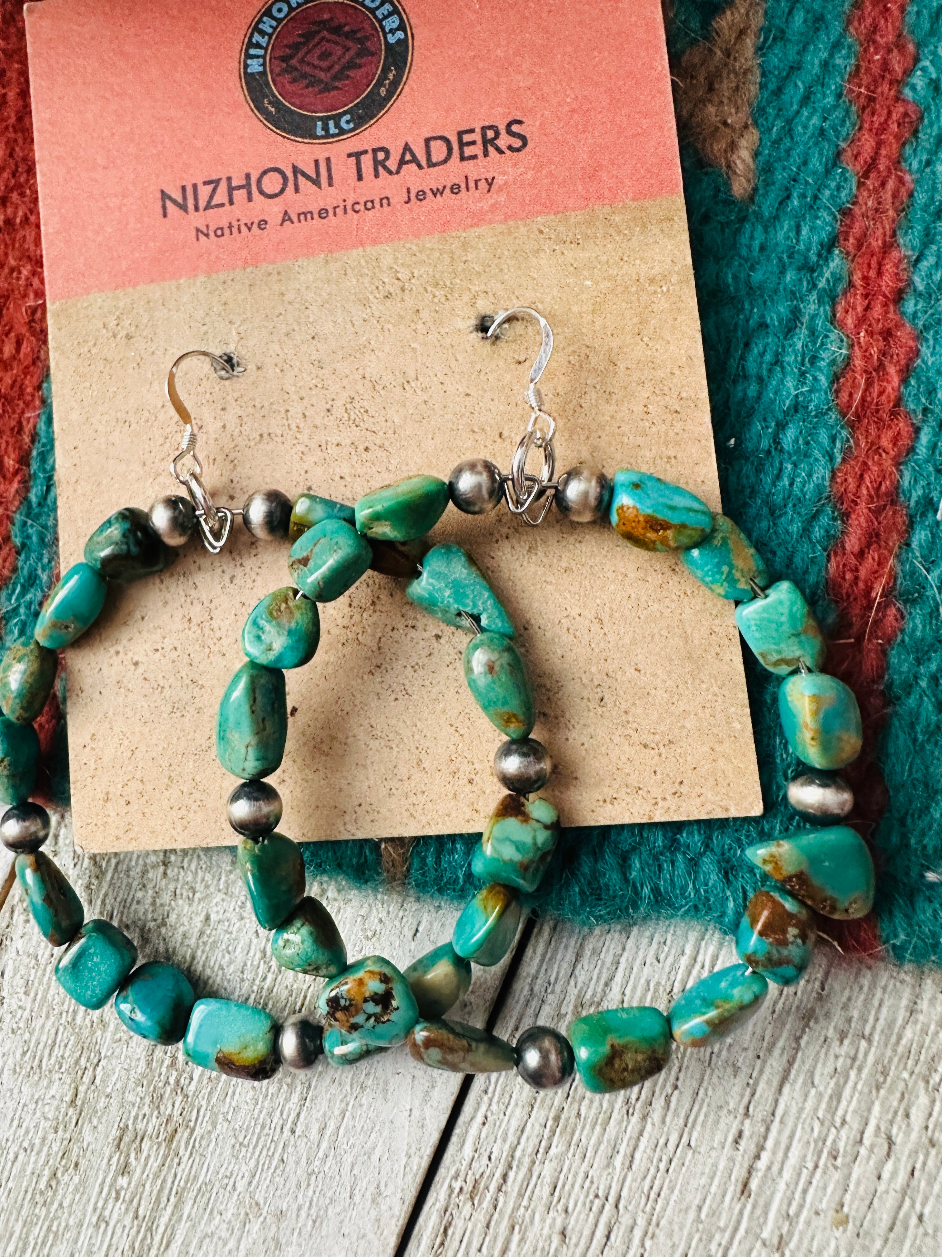 Handcrafted Turquoise & Sterling Silver Beaded Hoop Earrings