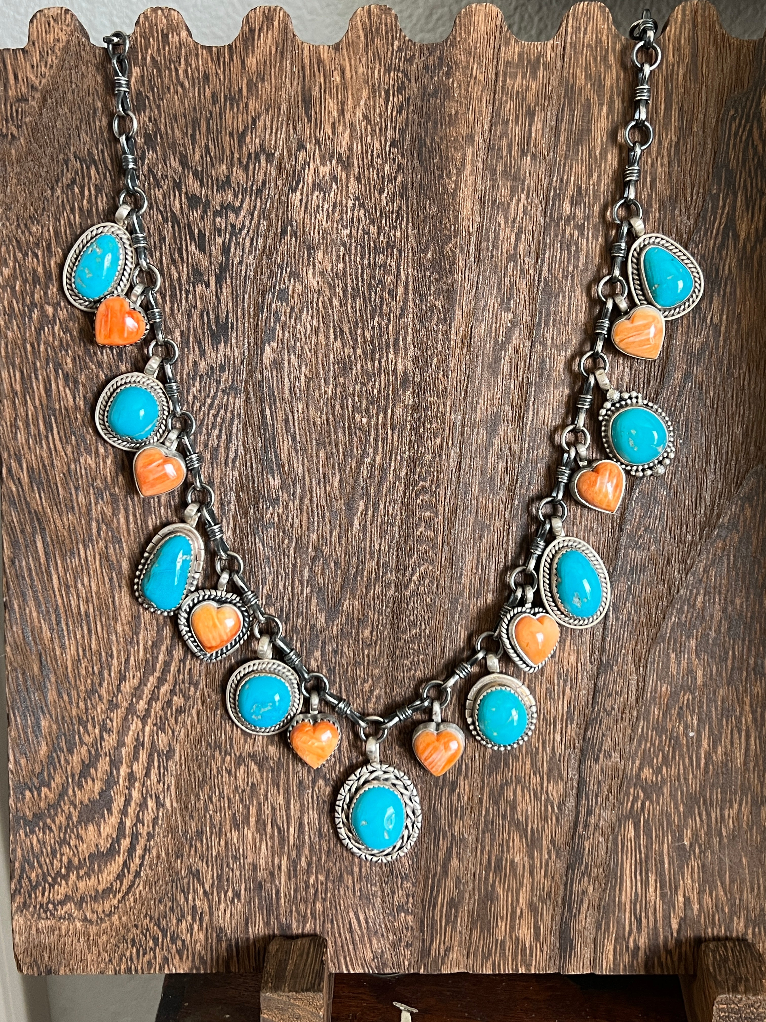 Navajo Sterling Silver, Turquoise & Spiny Heart Necklace, Signed RY