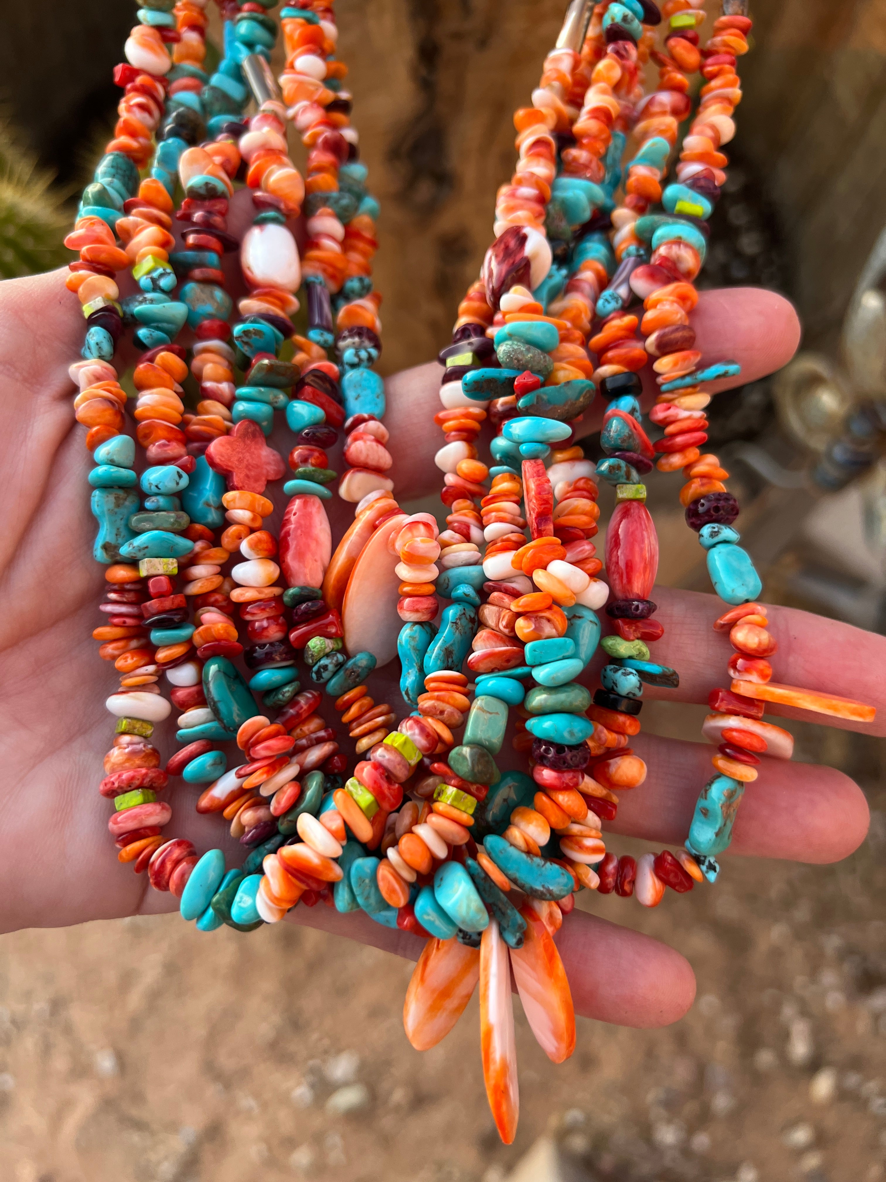 Gorgeous Santo Domingo Made Six Strand Spiny Oyster and Turquoise Beaded Squaw Wrap Necklace with Spiny Oyster Tabs