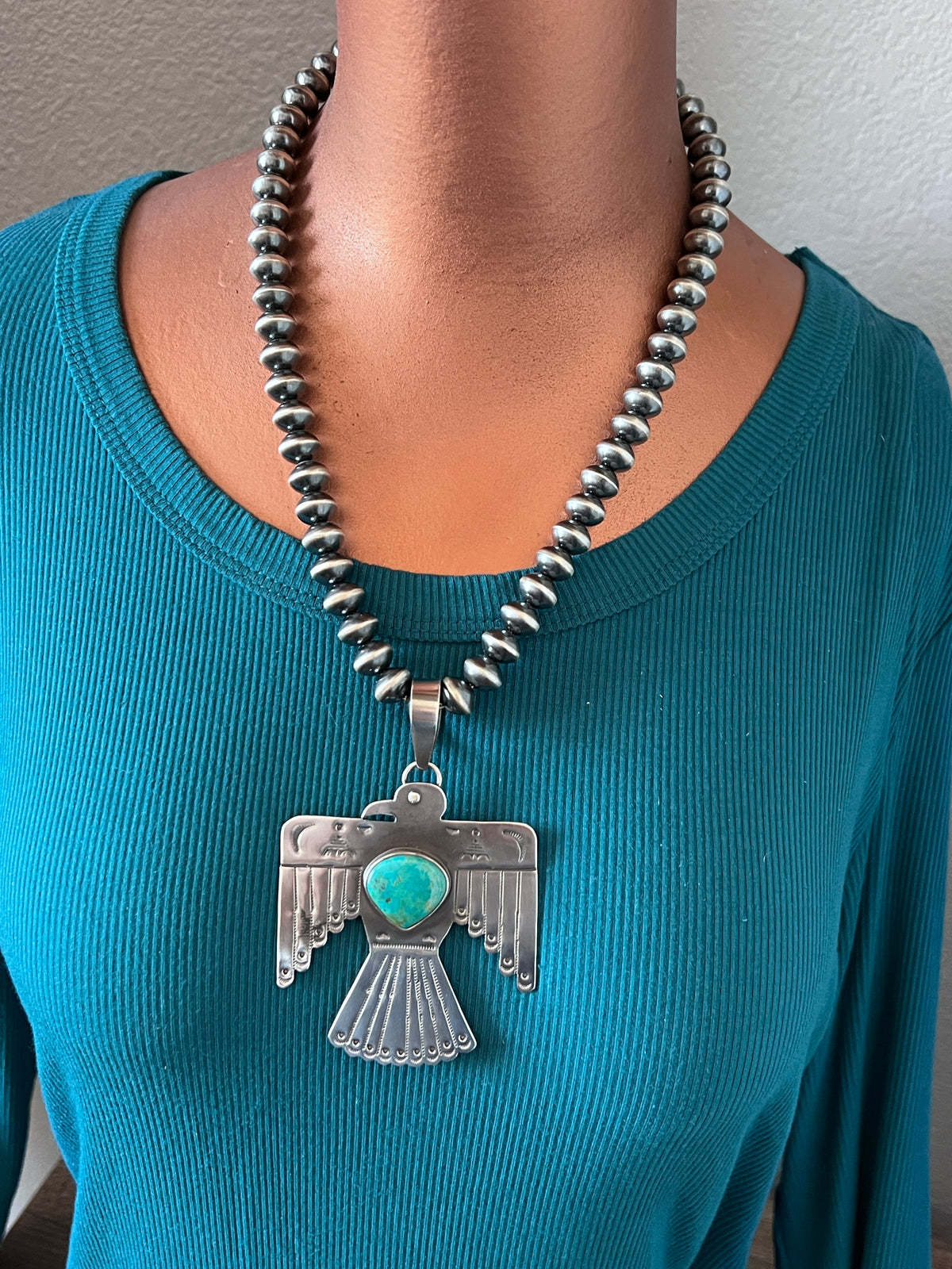 Kimari Somers Hand Stamped Sterling Silver & Kingman Turquoise Thunderbird Pendant 1