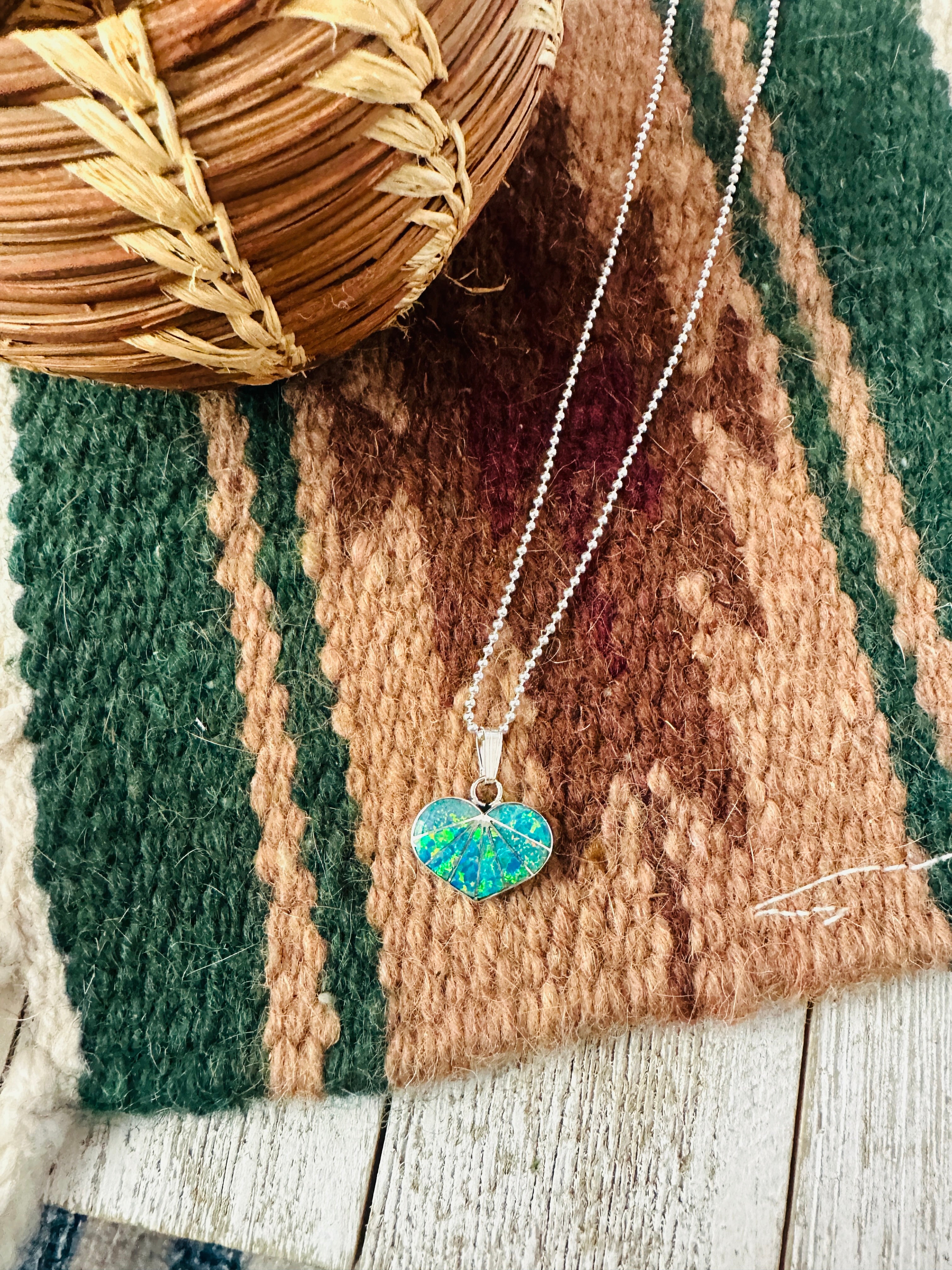 Handcrafted Blue Opal & Sterling Silver Inlay Heart Pendant