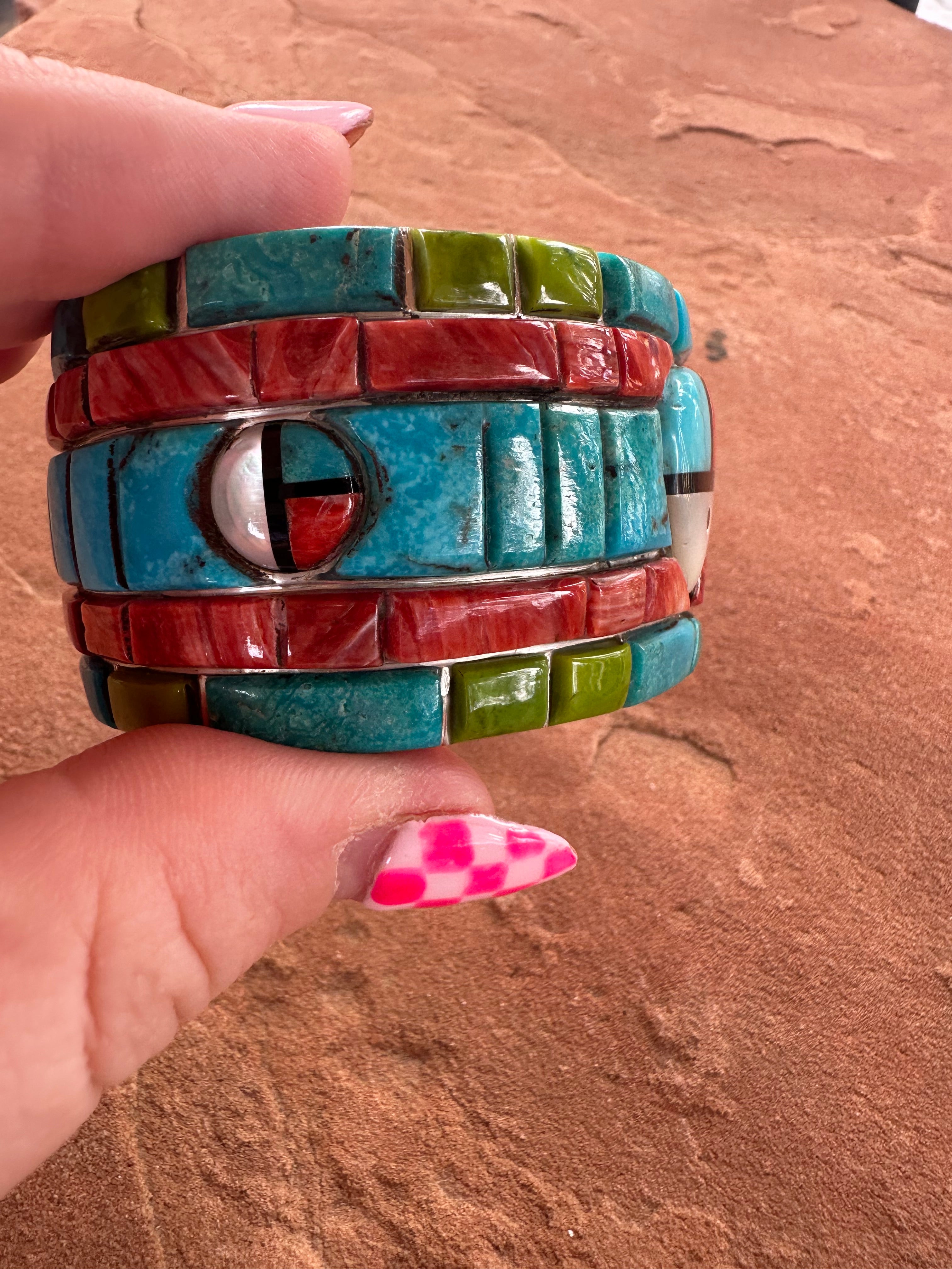 Handmade Sterling Silver Multi Stone Southwest Inlay Sunface Cuff