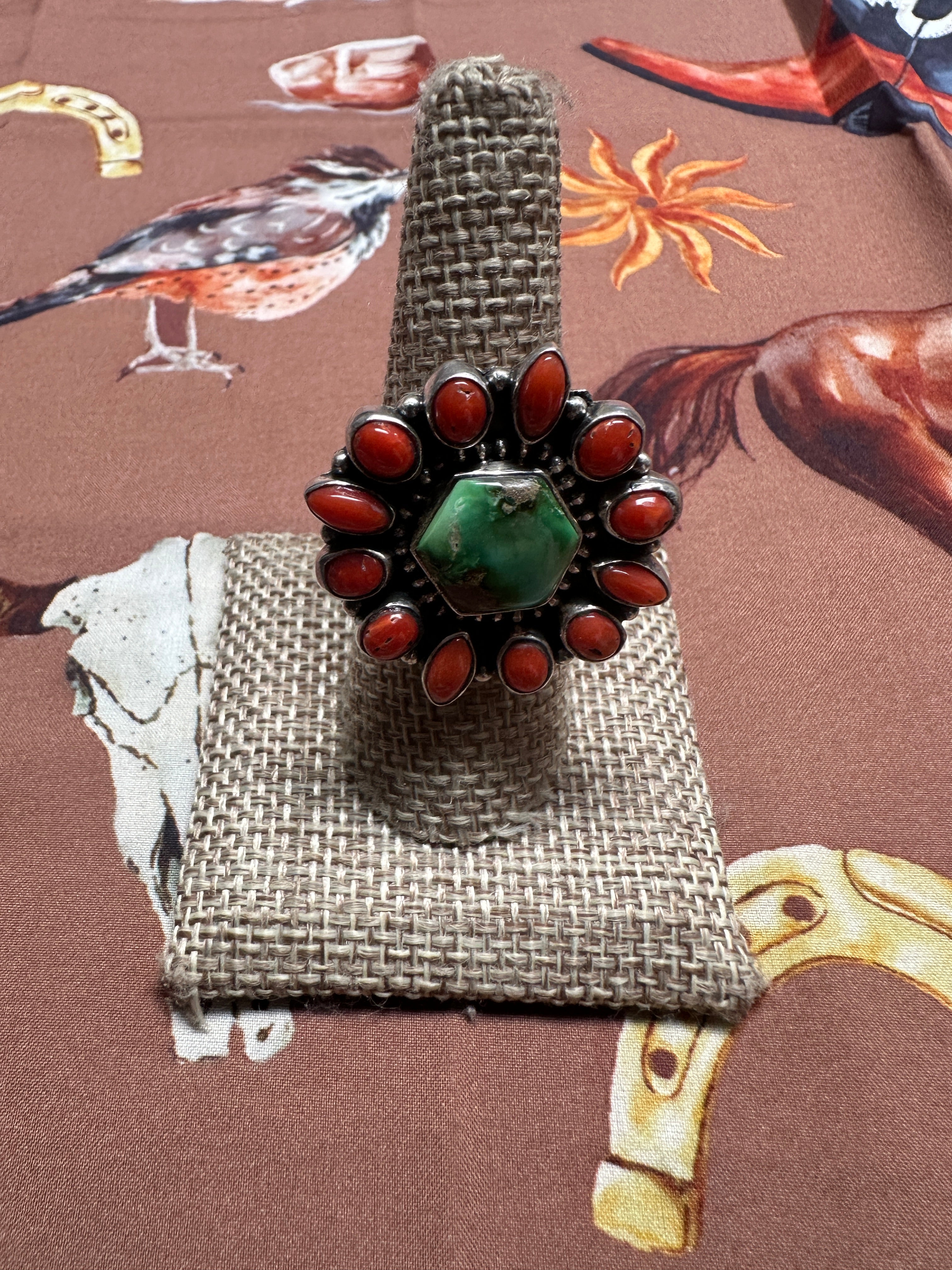 Beautiful Handmade Coral, Sonoran Turquoise And Sterling Silver Adjustable HEXAGON CENTER Ring