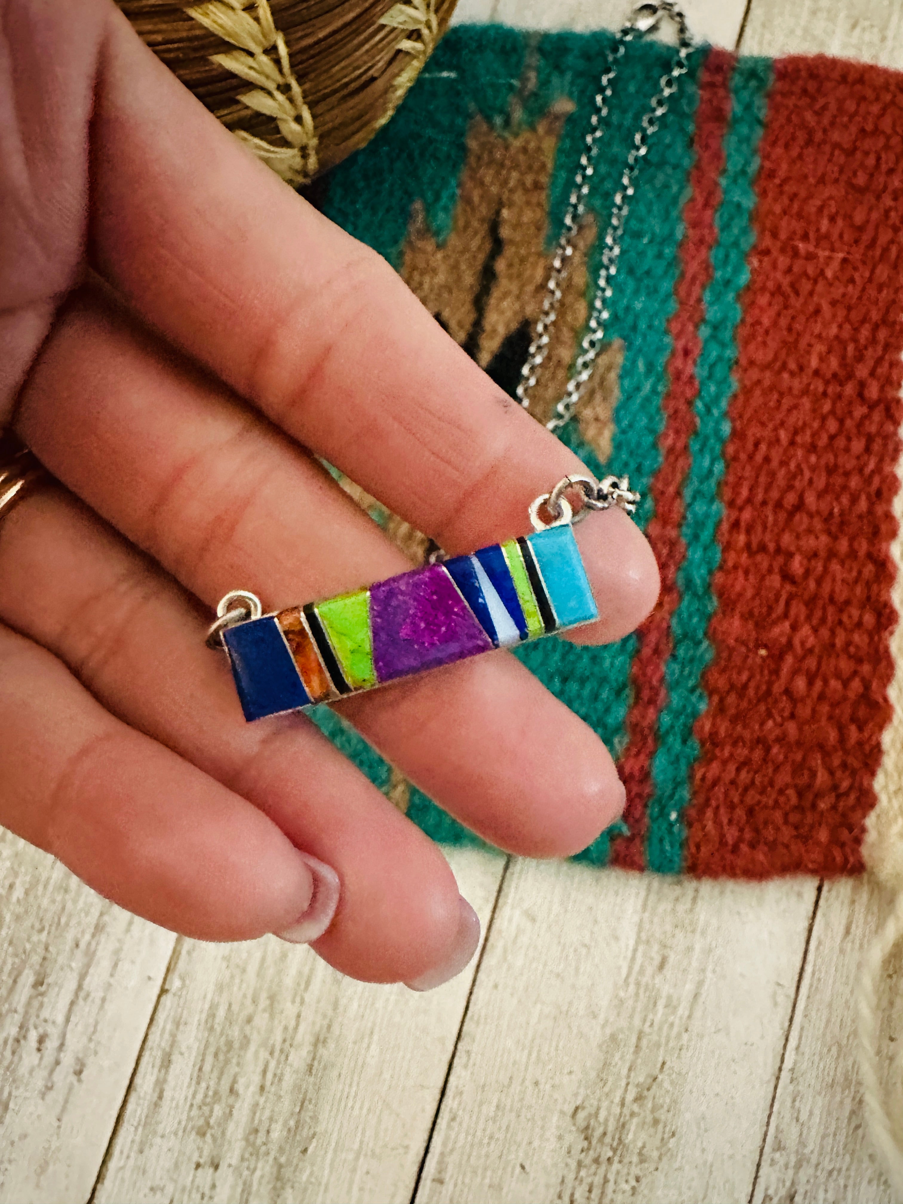 Navajo Multi Stone & Sterling Silver Inlay Bar Necklace