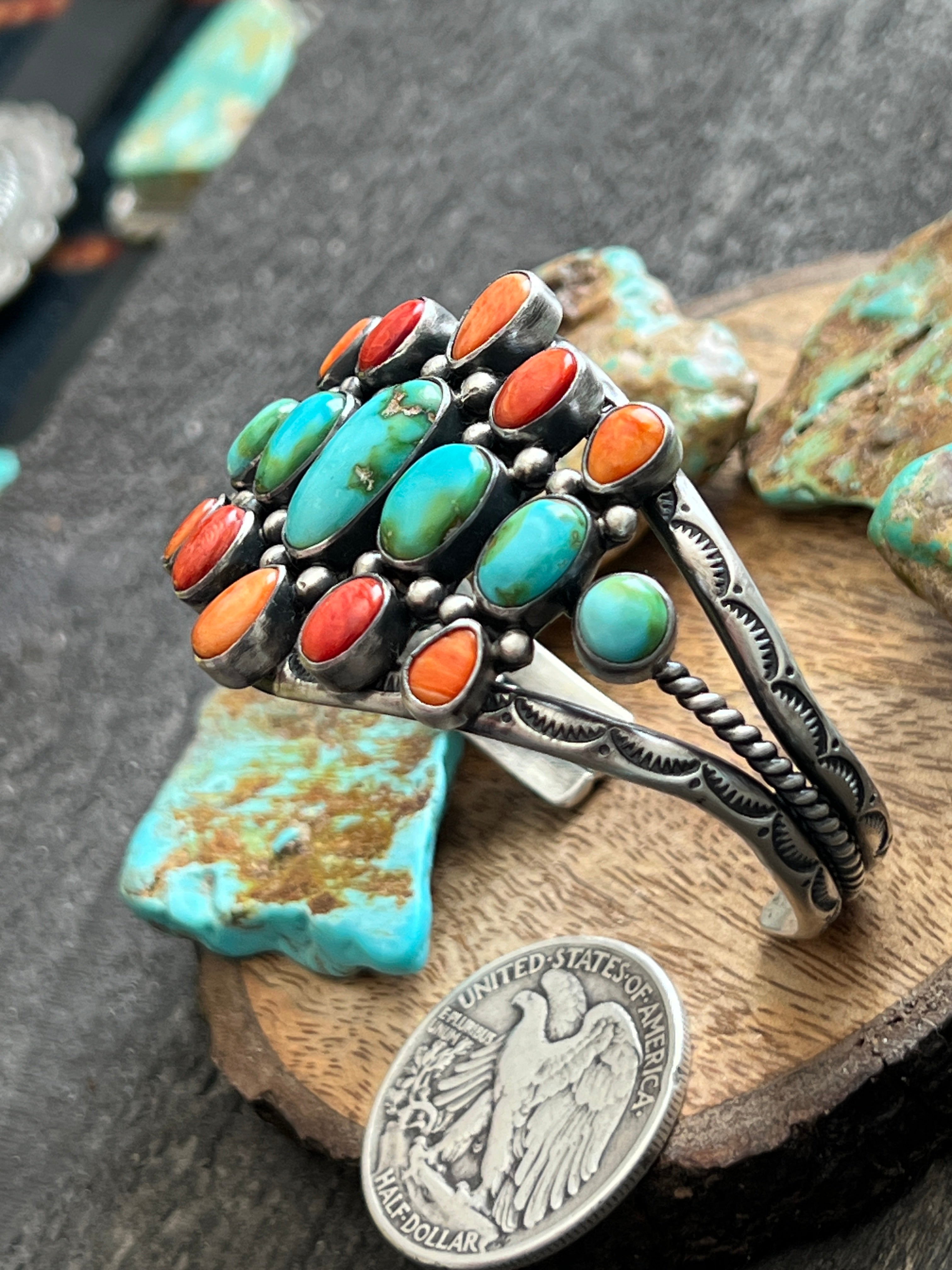 Hand Stamped Sterling Silver, Sonoran Turquoise and Spiny Oyster Shell