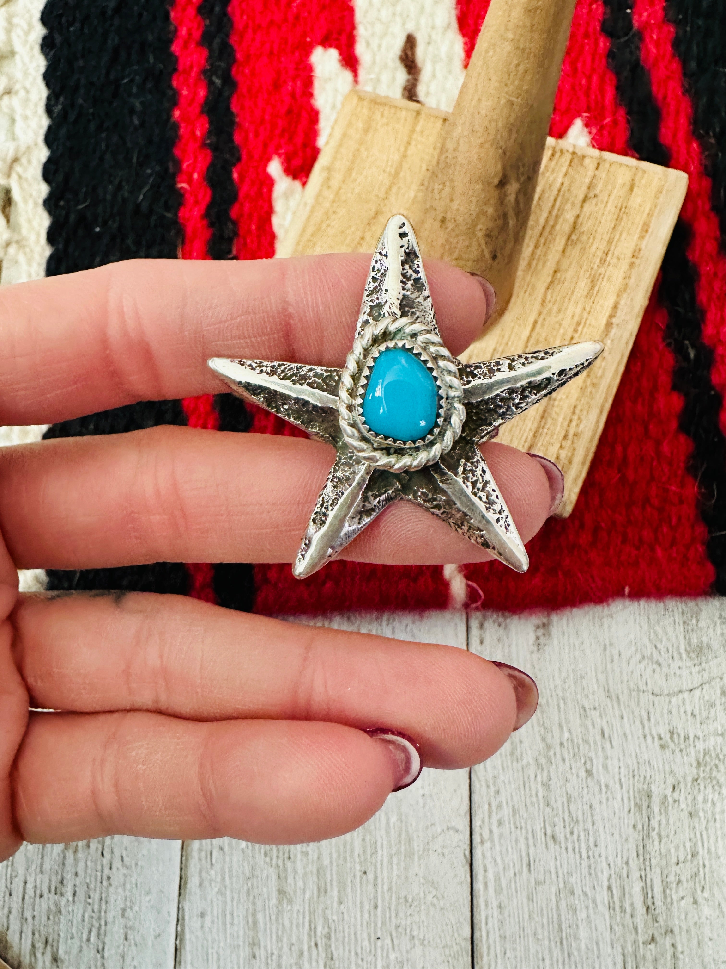 Hand Cast Turquoise & Sterling Silver Star Ring Size 9.75