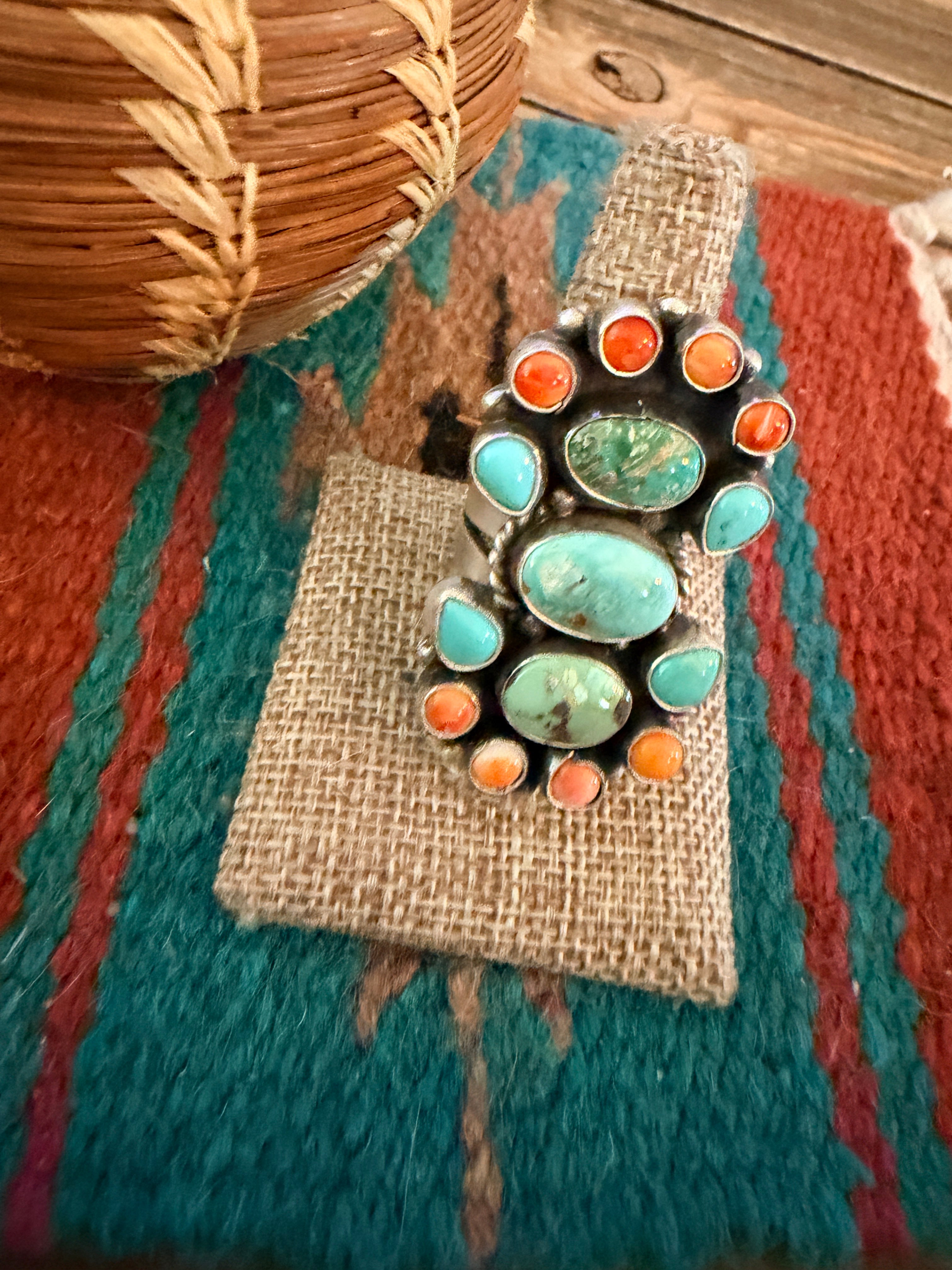 Handcrafted Spiny Oyster, Turquoise & Sterling Silver Cluster Ring by Sheila Becenti Size 9.5