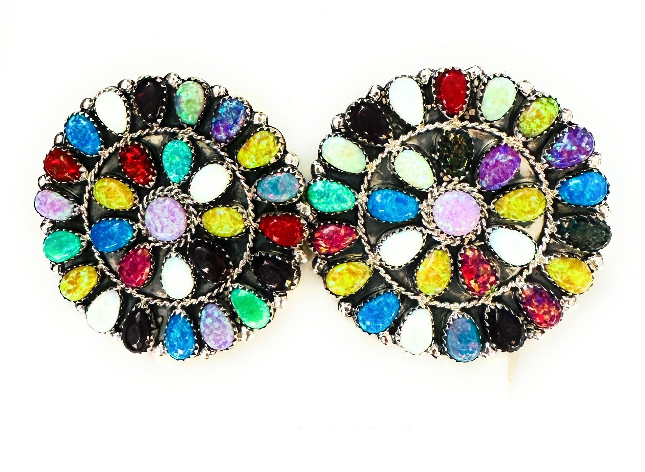 Navajo Multicolor Opal And Sterling Silver Cluster Post Earrings