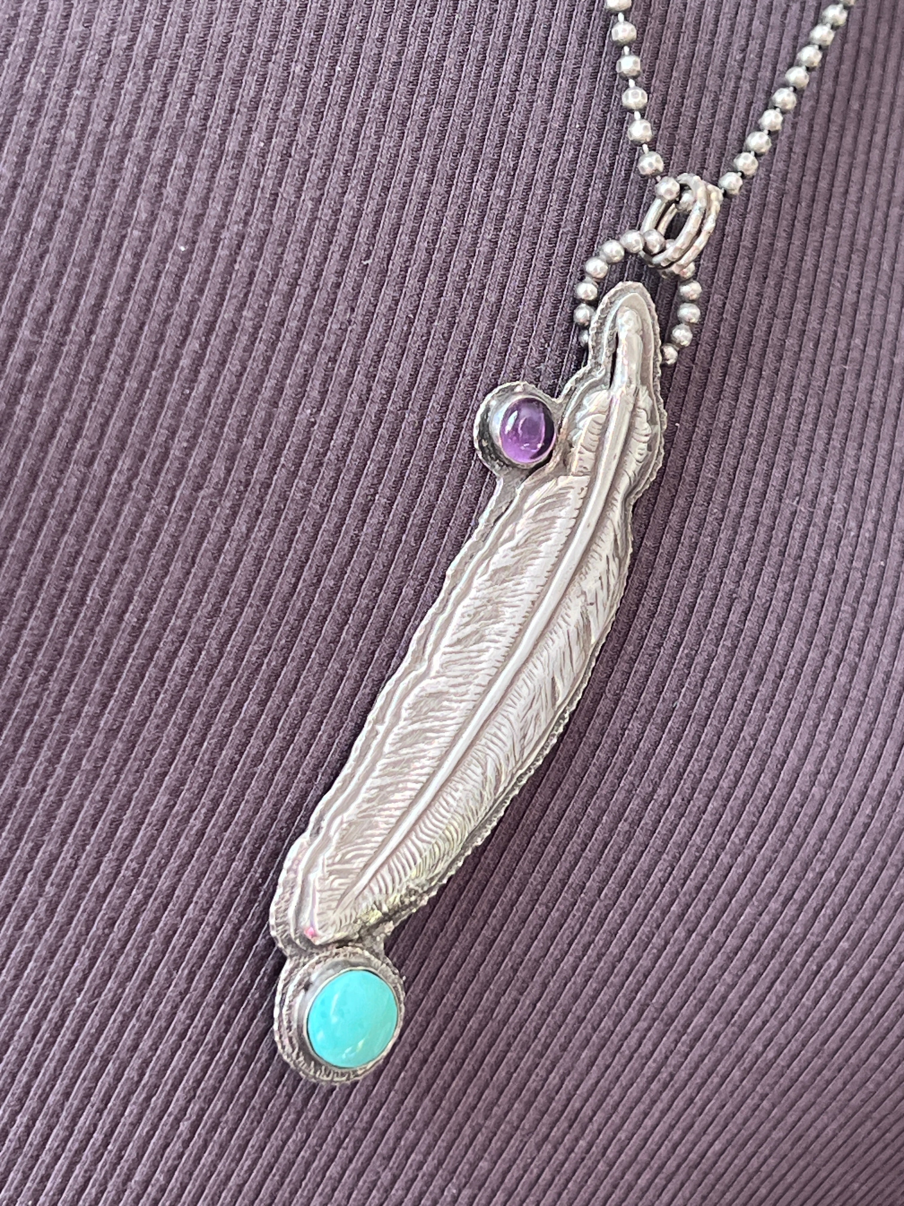 Tularosa Sterling Silver, Turquoise & Amethyst Feather Necklace