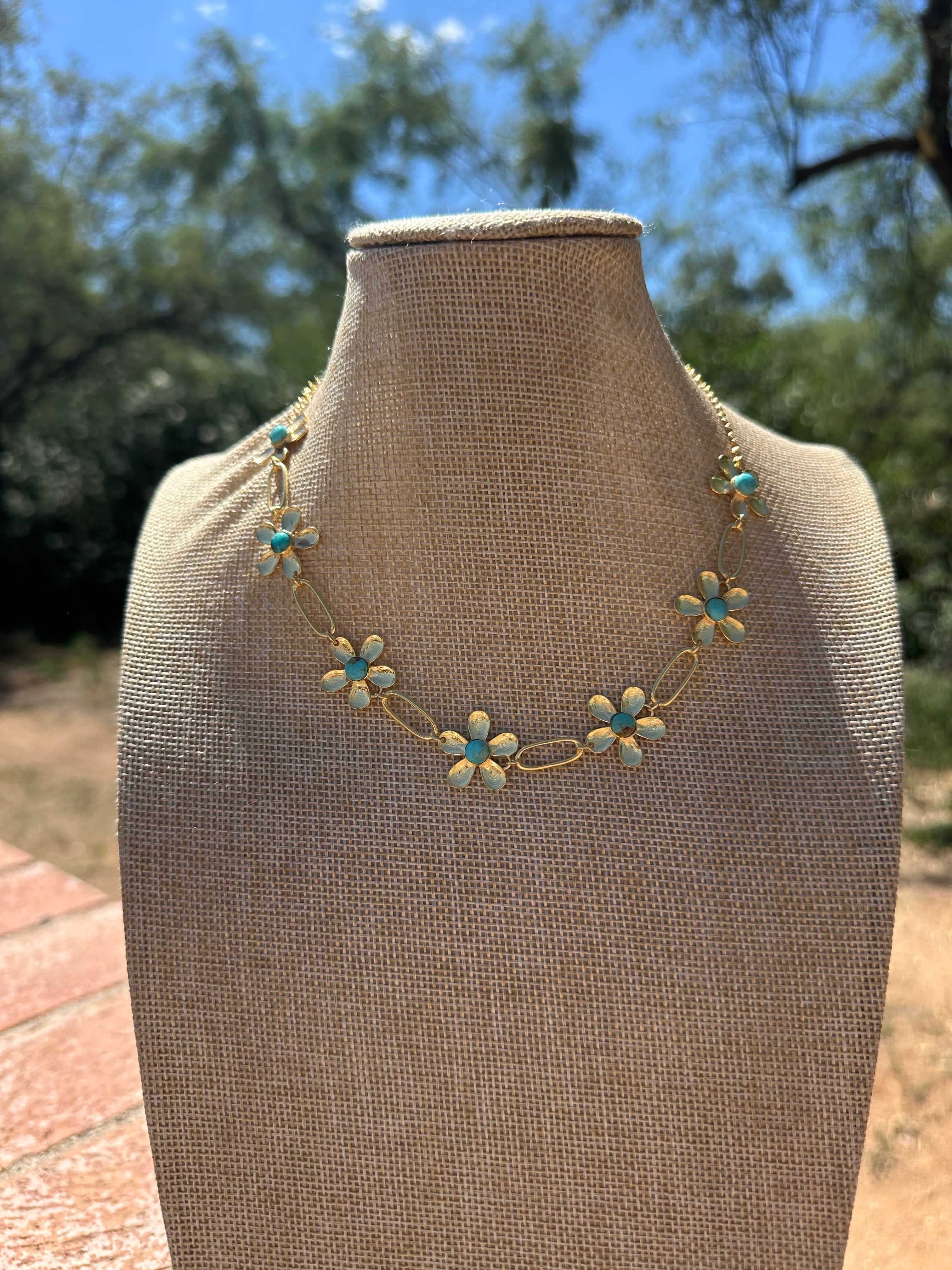 “The Golden Collection” Handmade Natural Turquoise Gold Plated Daisy Link Choker 14-18.5”