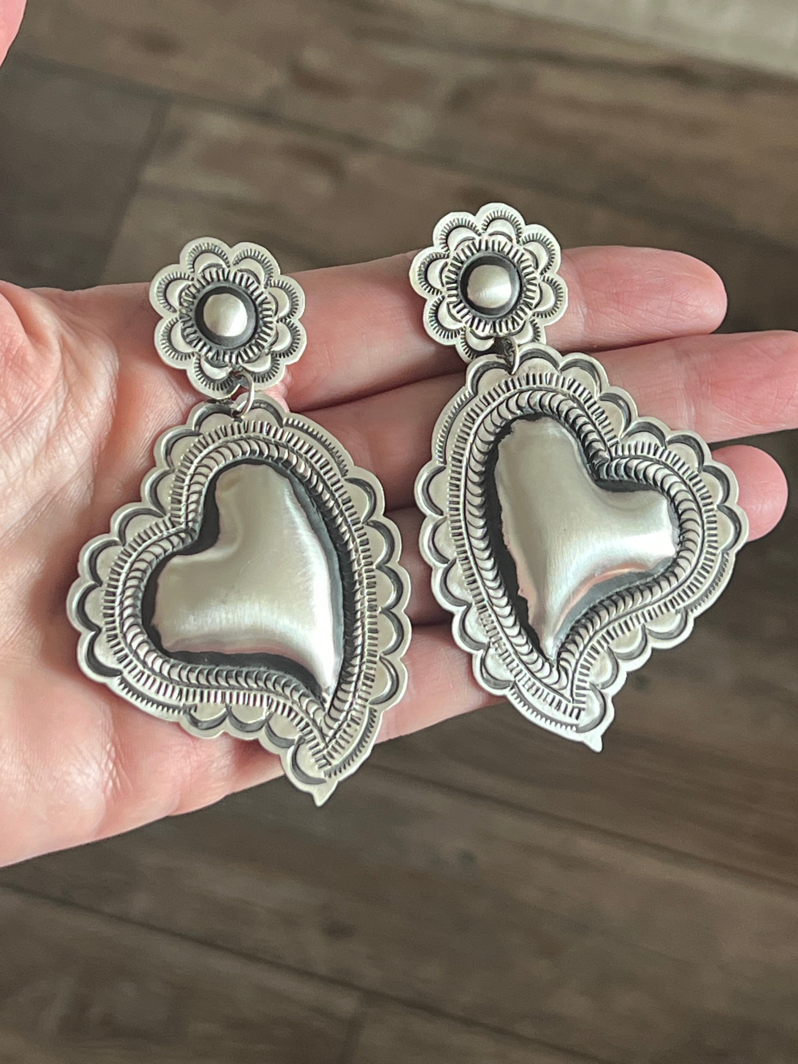 Handcrafted crafted Sterling Silver Stamped Repousse Heart Earrings by Leander Tahe, AH1