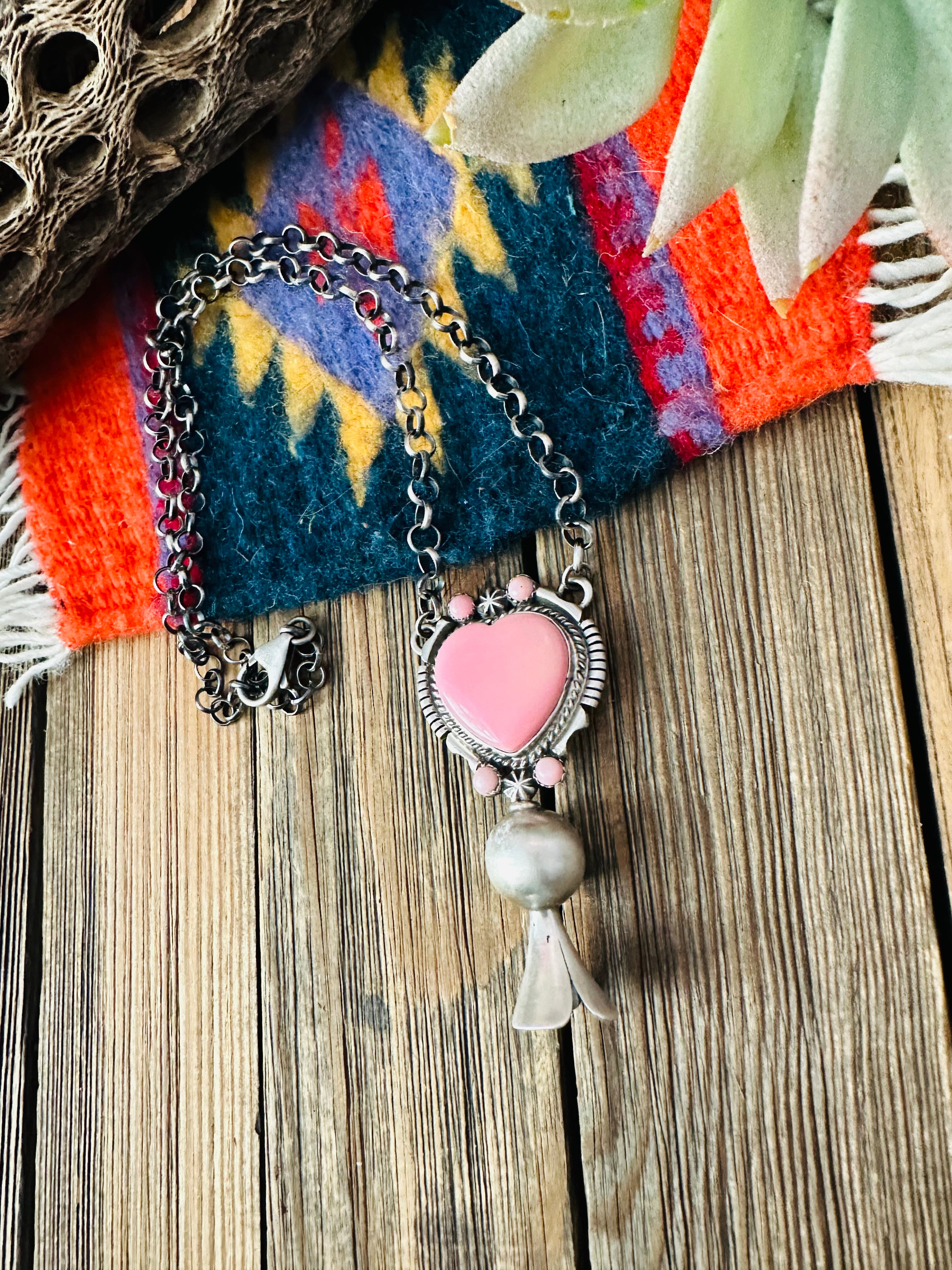 Navajo Sterling Silver & Queen Pink Conch Heart Blossom Necklace by Thomas Francisco