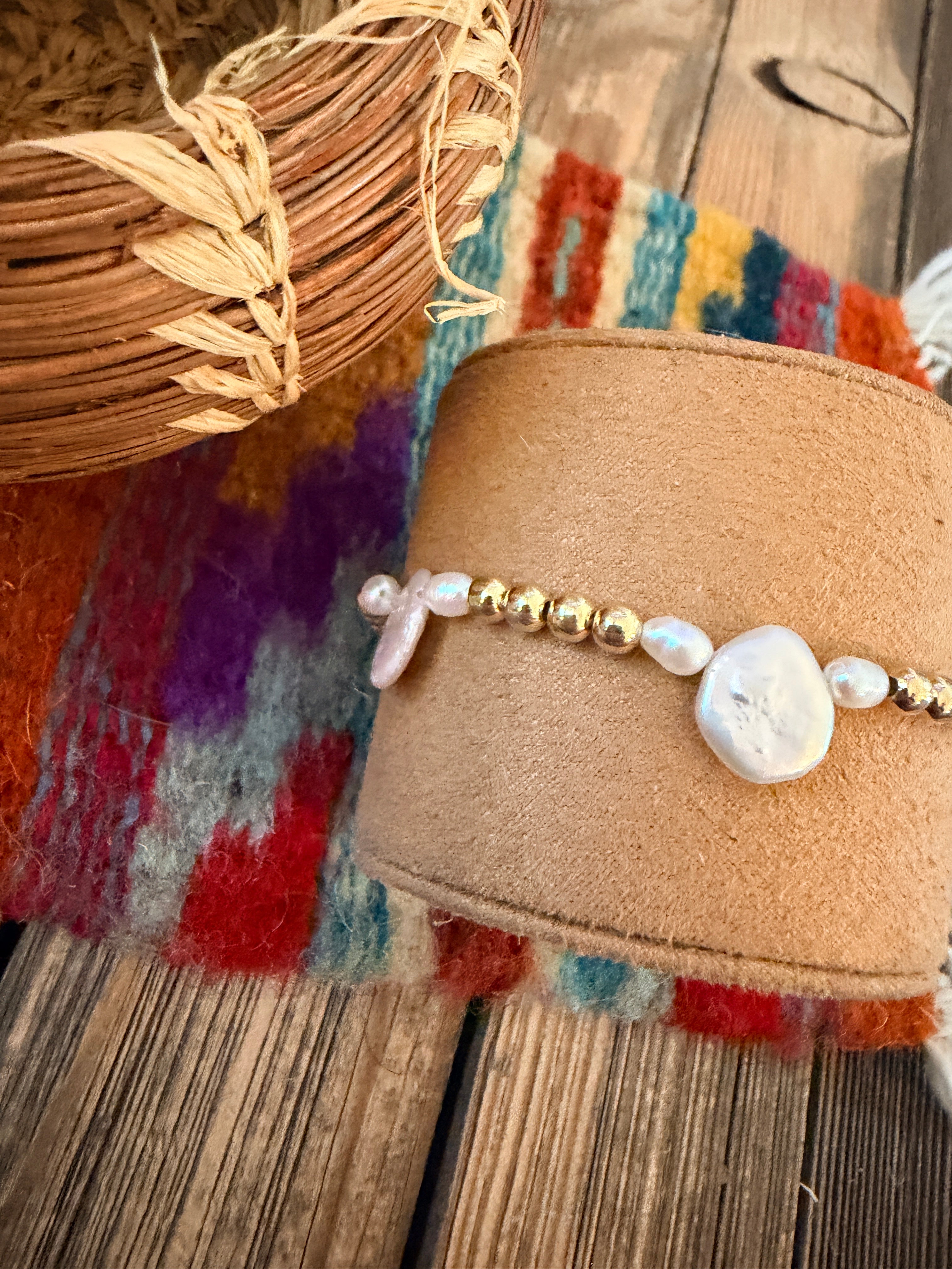 Handcrafted Mother of Pearl & Gold-Plated Sterling Silver Pearl Beaded Stretch Bracelet