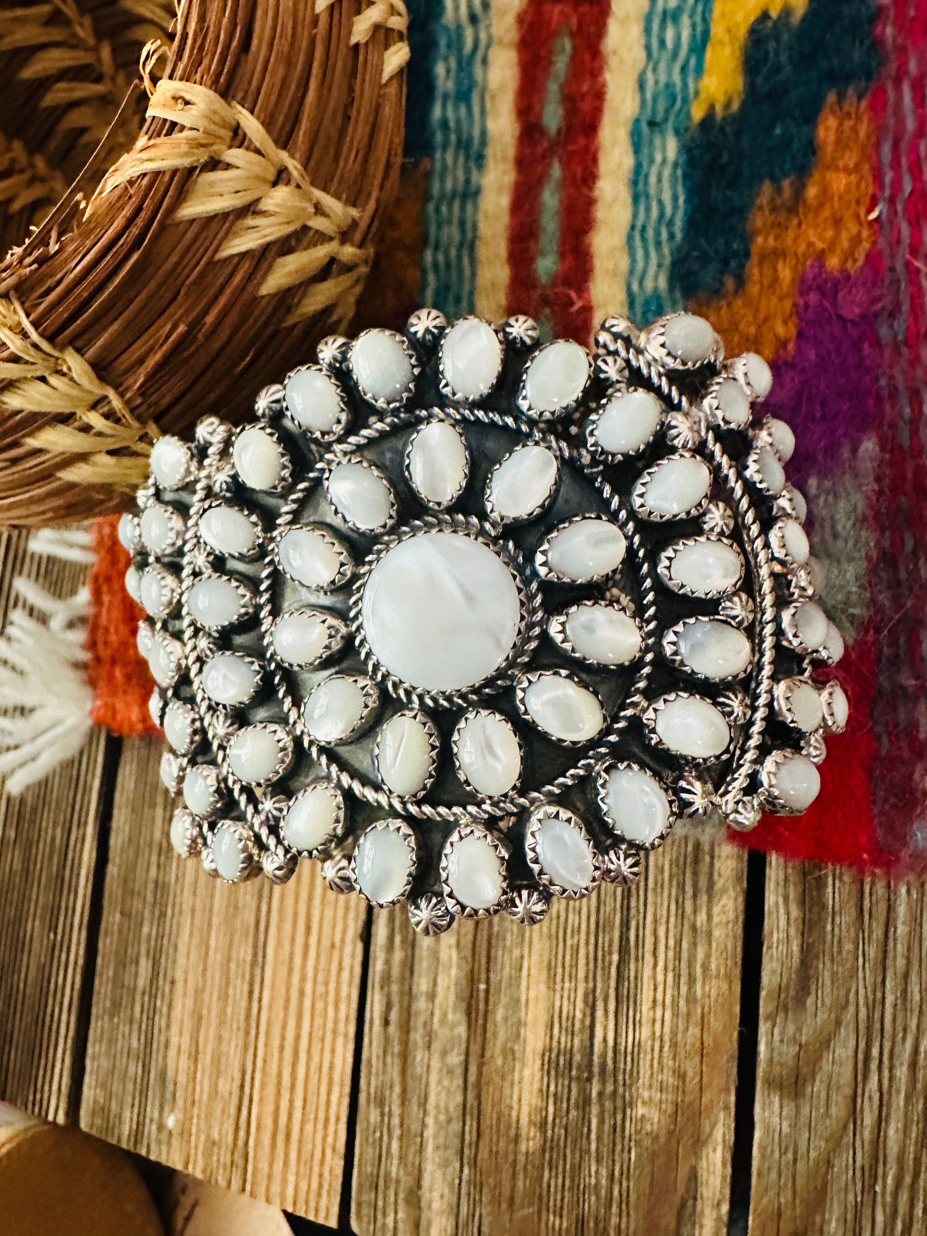 Handcrafted Old Pawn Sterling Silver & Mother of Pearl Cuff Bracelet