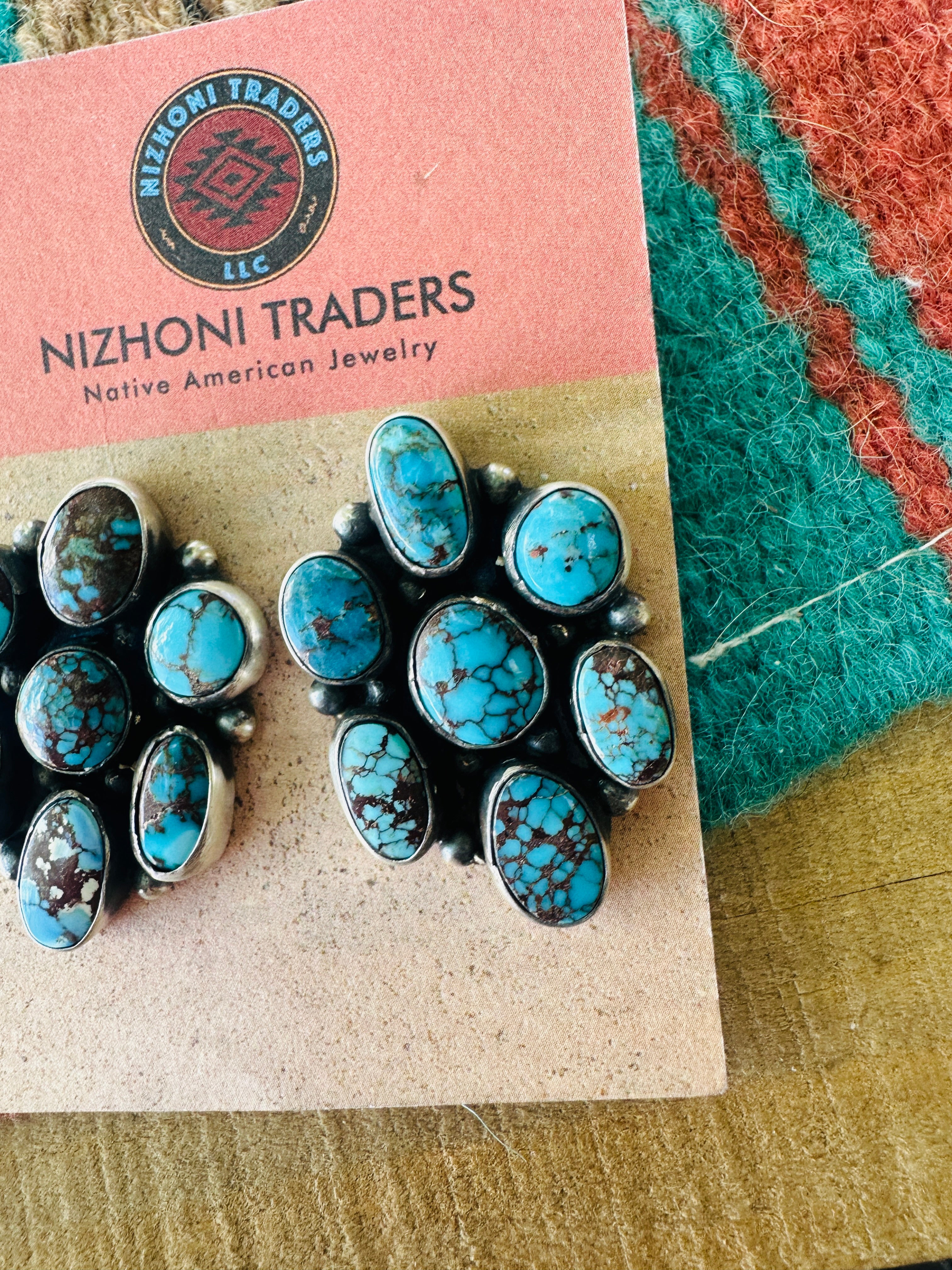 Handcrafted Sterling Silver & Kingman Web Turquoise Cluster Post Earrings