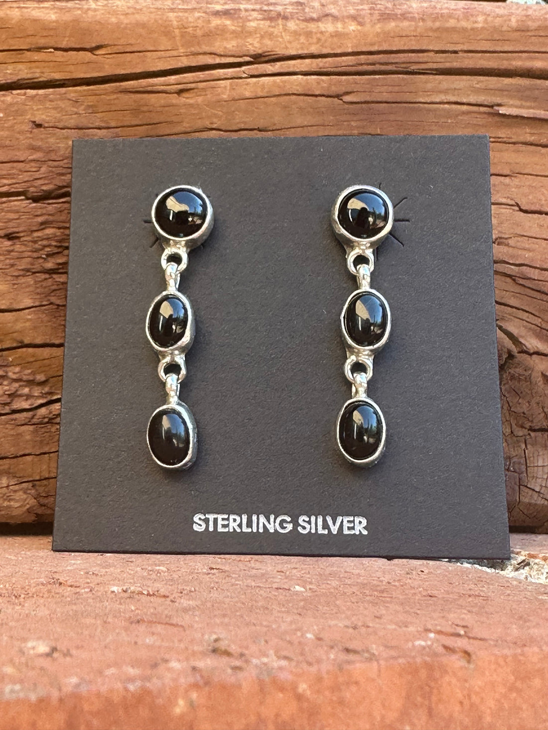 Handcrafted Made Black Onyx & Sterling Silver 3 Stone Dangle Earrings