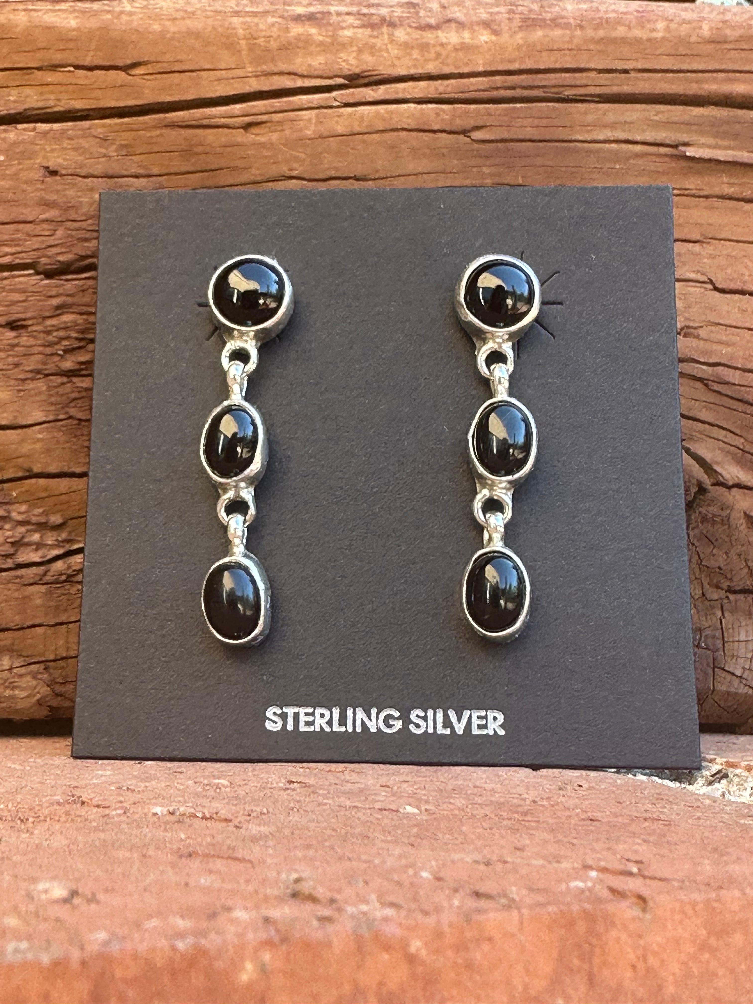 Navajo Made Black Onyx & Sterling Silver 3 Stone Dangle Earrings