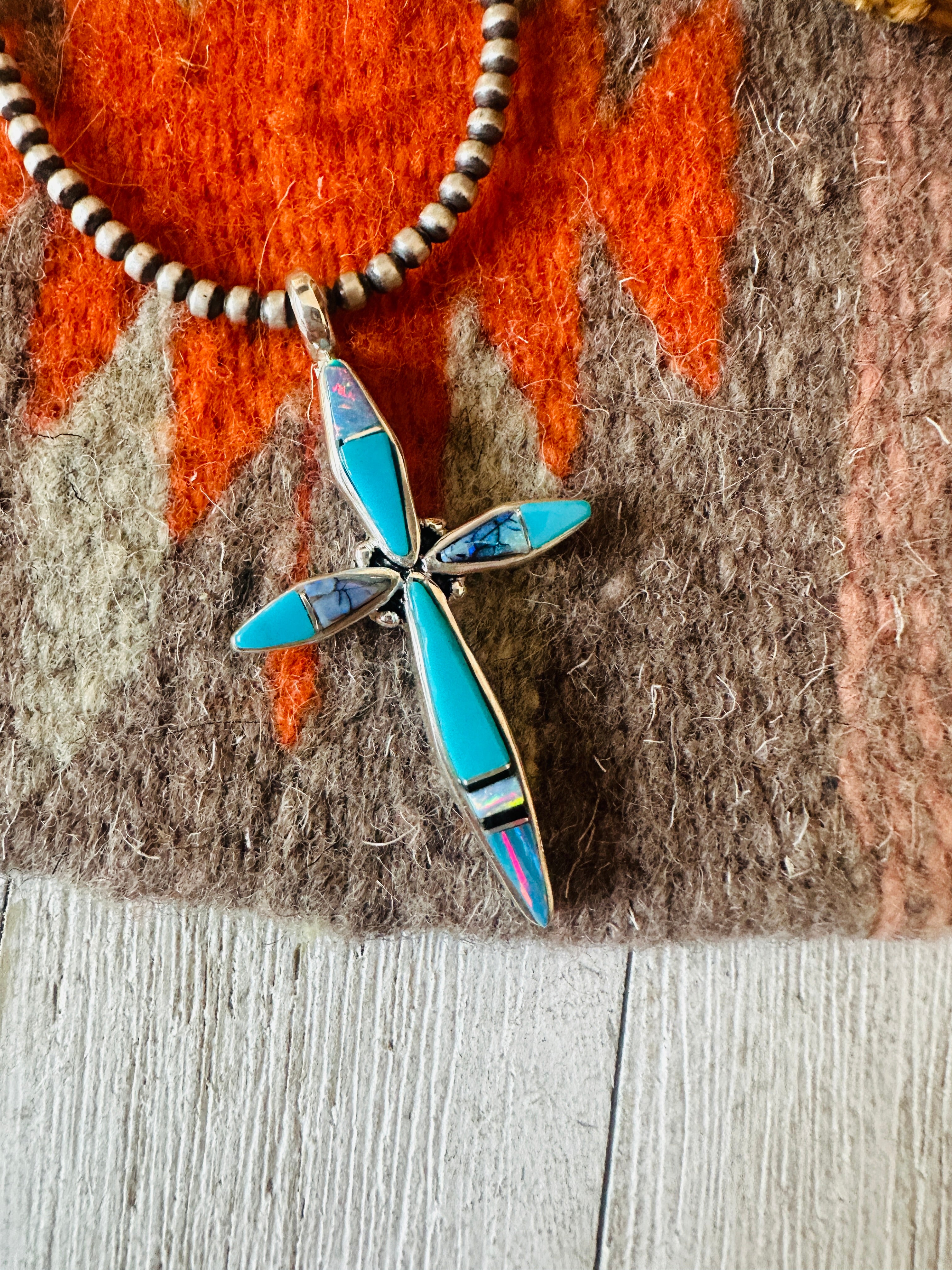 Navajo Multi Stone & Sterling Silver Inlay Cross Pendant