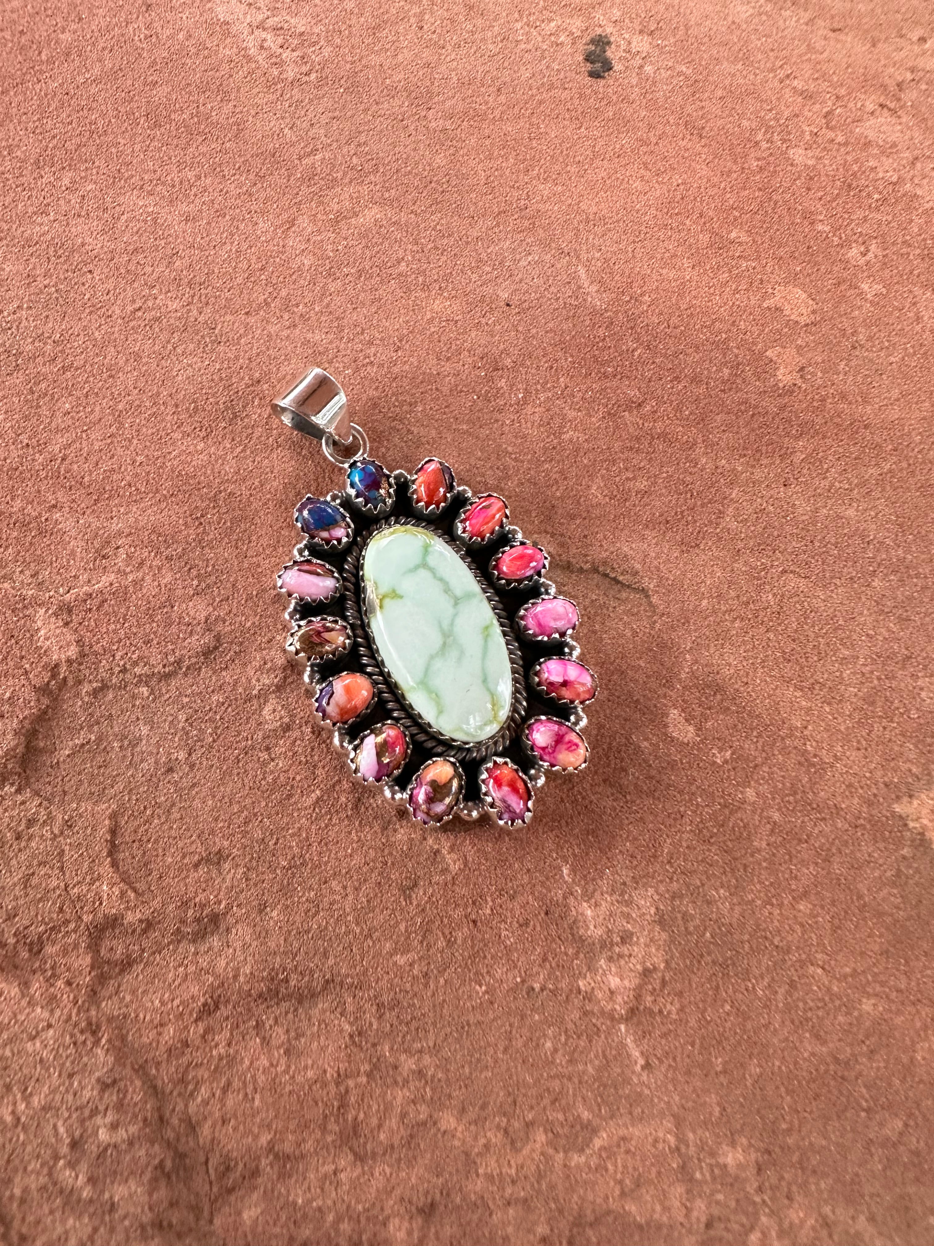 Beautiful Handmade Sterling Silver, Palomino Turquoise, Pink Dream Mojave Cluster Pendant