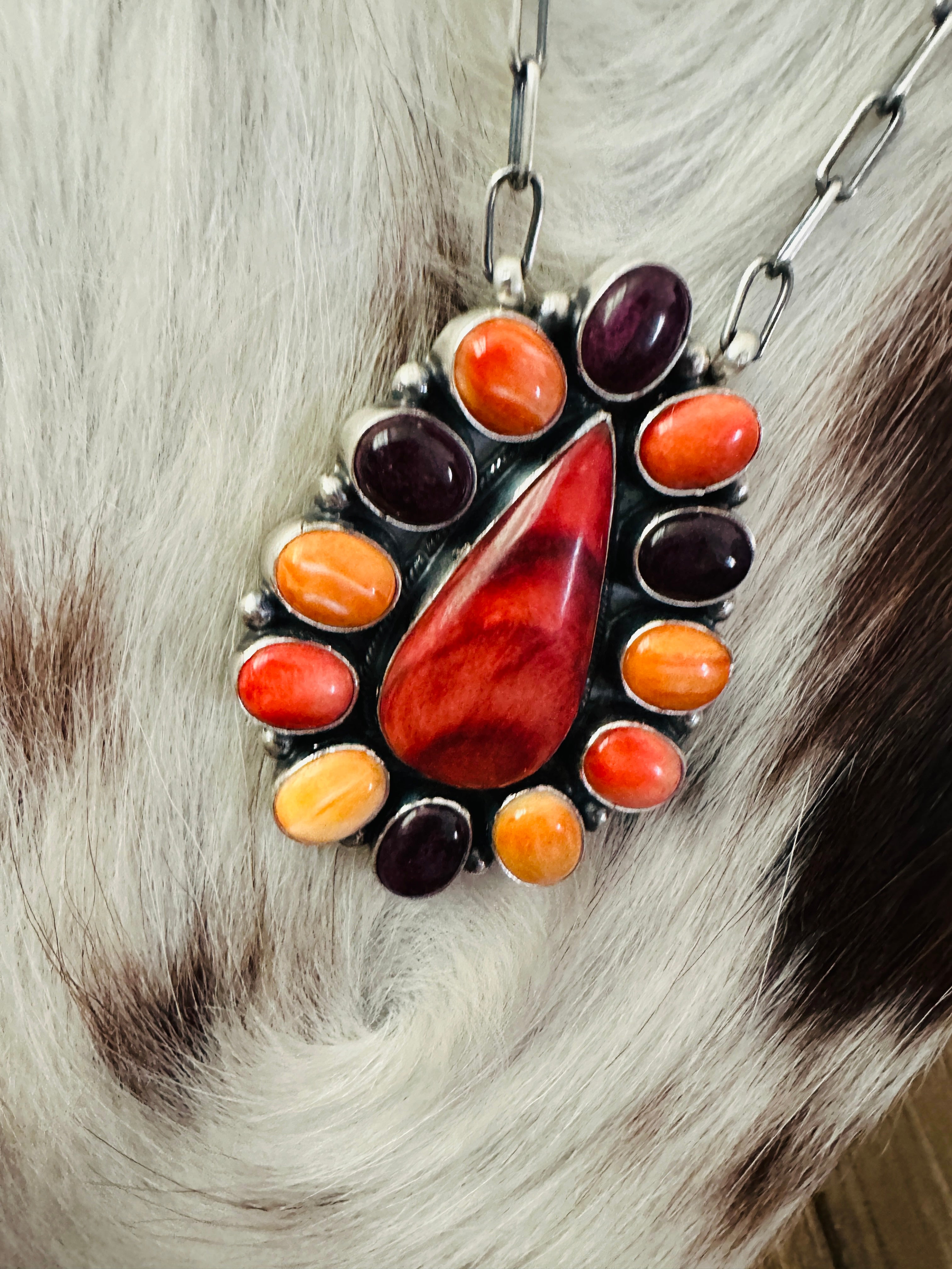 Handcrafted Multicolor Spiny Oyster & Sterling Silver Cluster Necklace by Sheila Becenti