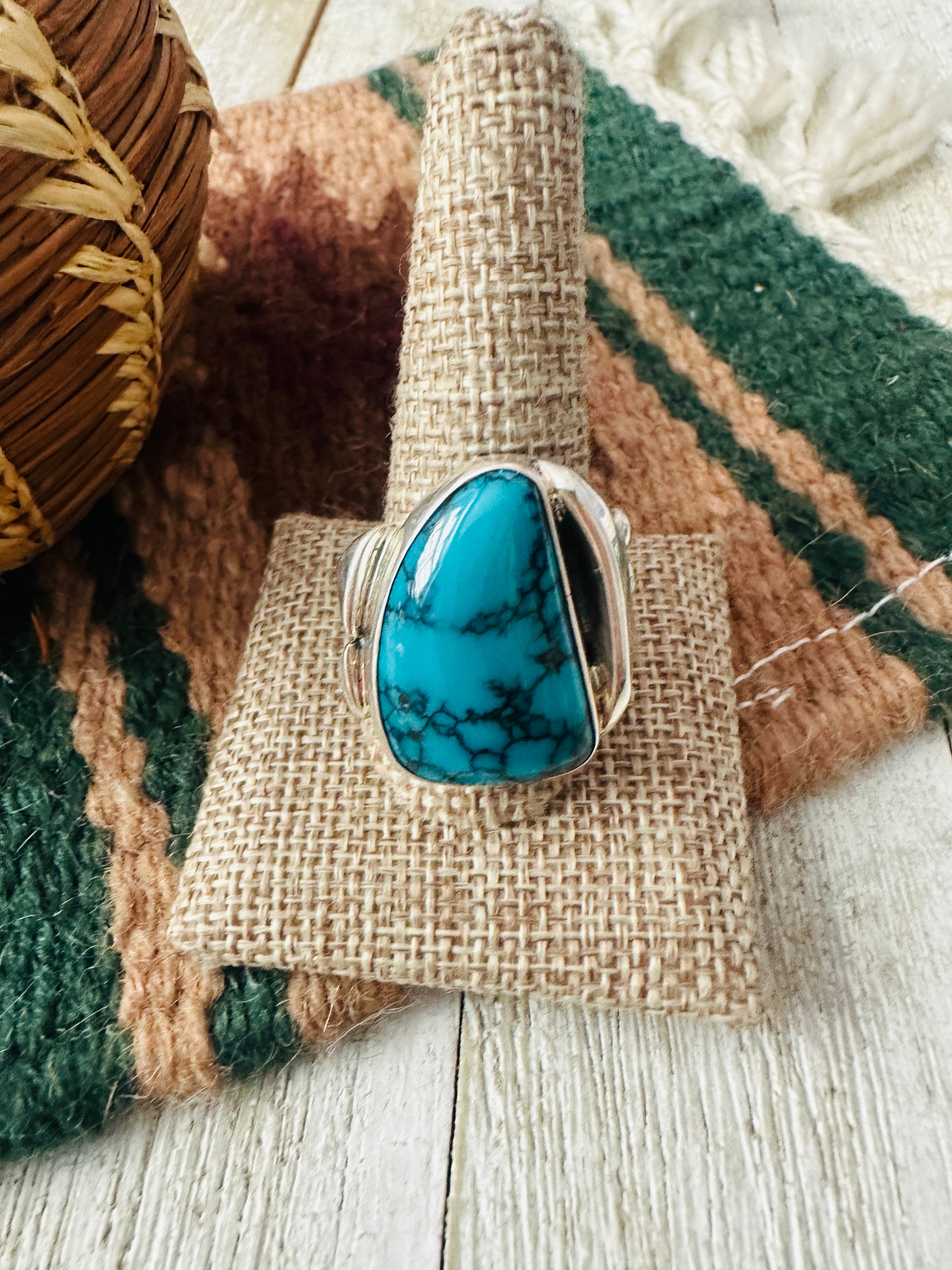 Handcrafted Old Pawn Turquoise and Sterling Silver Ring Size 11.5