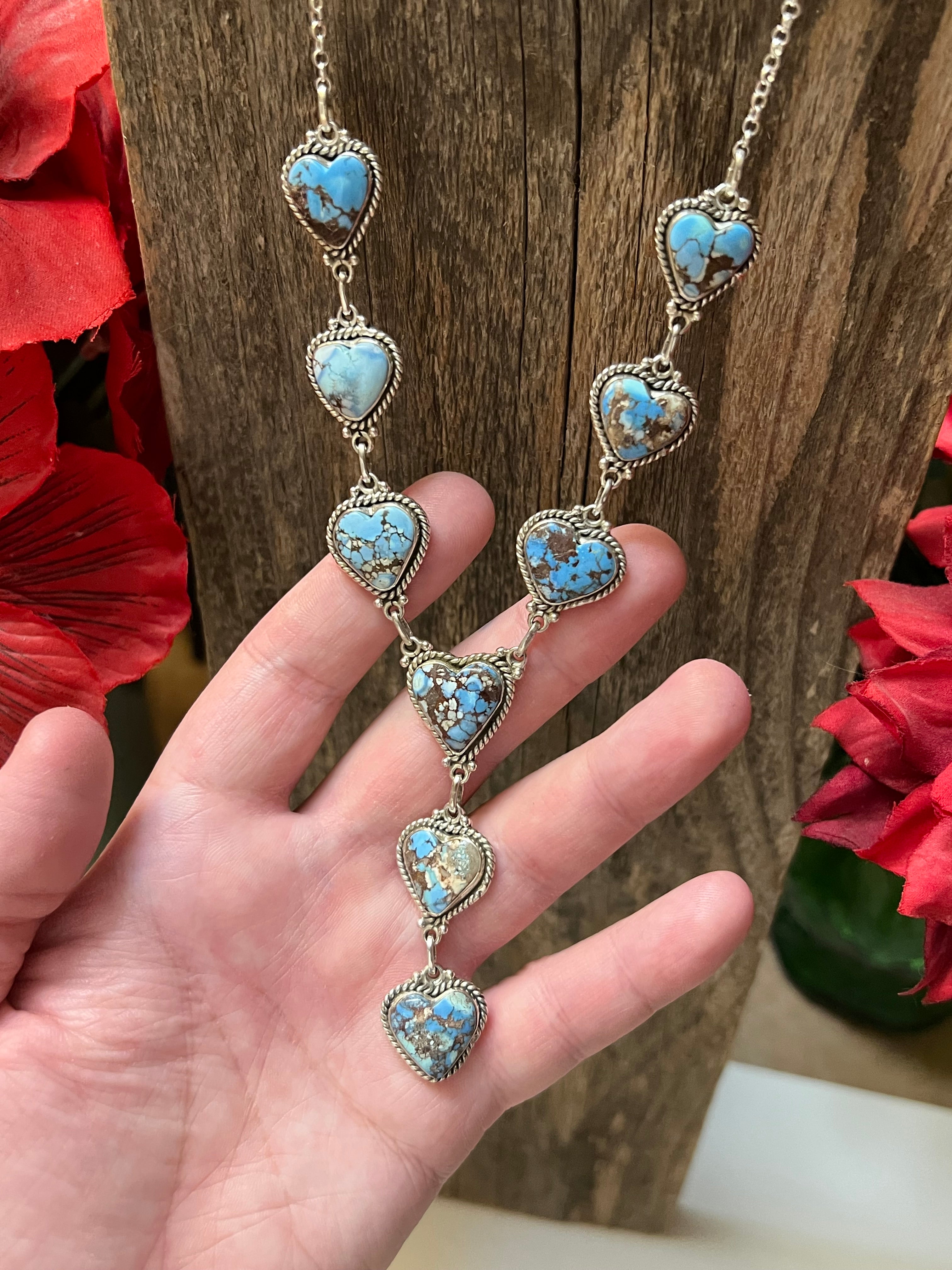 Handmade Sterling Silver & Golden Hills Turquoise 9 Heart Lariat Necklace