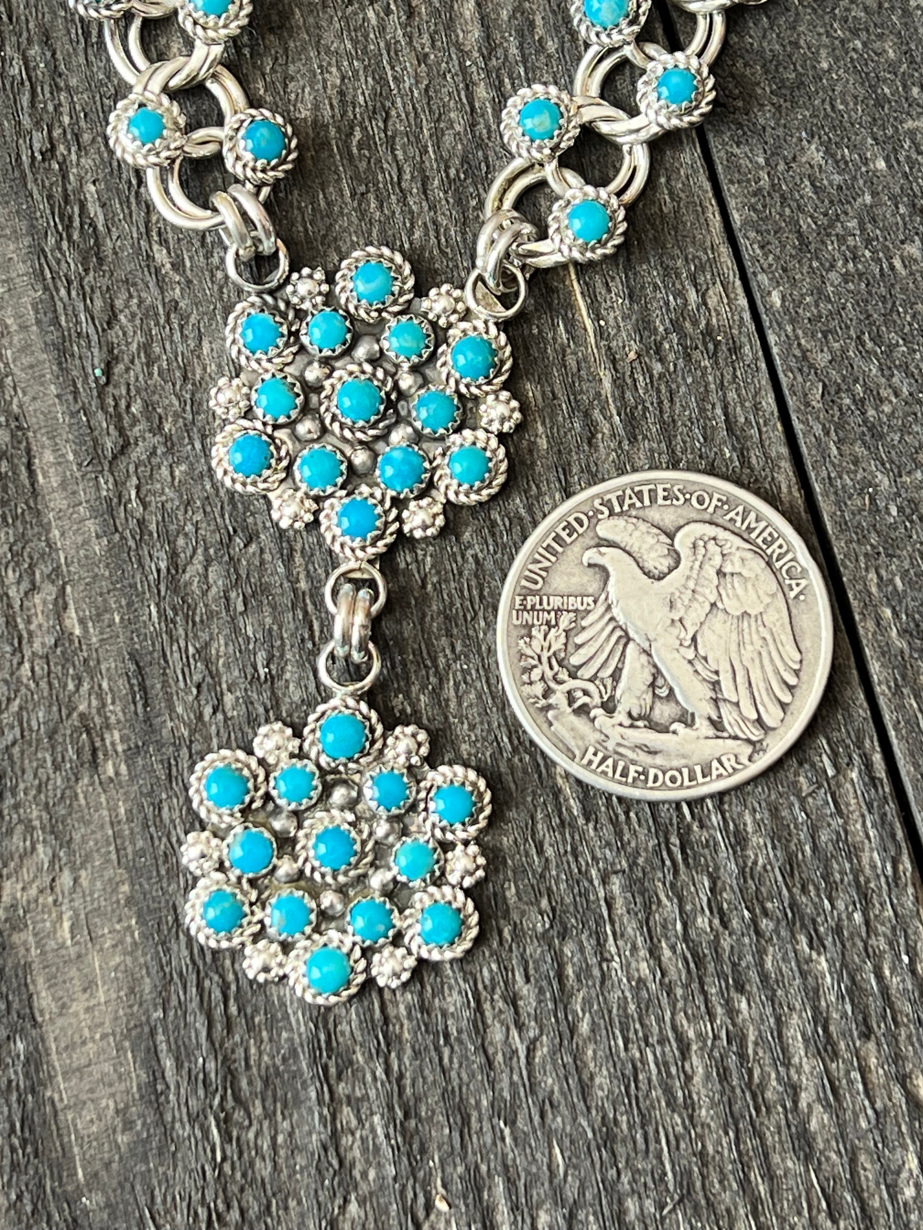 Handcrafted Sterling and Snake Eye Turquoise Link and Cluster Necklace by Dillon Cheama