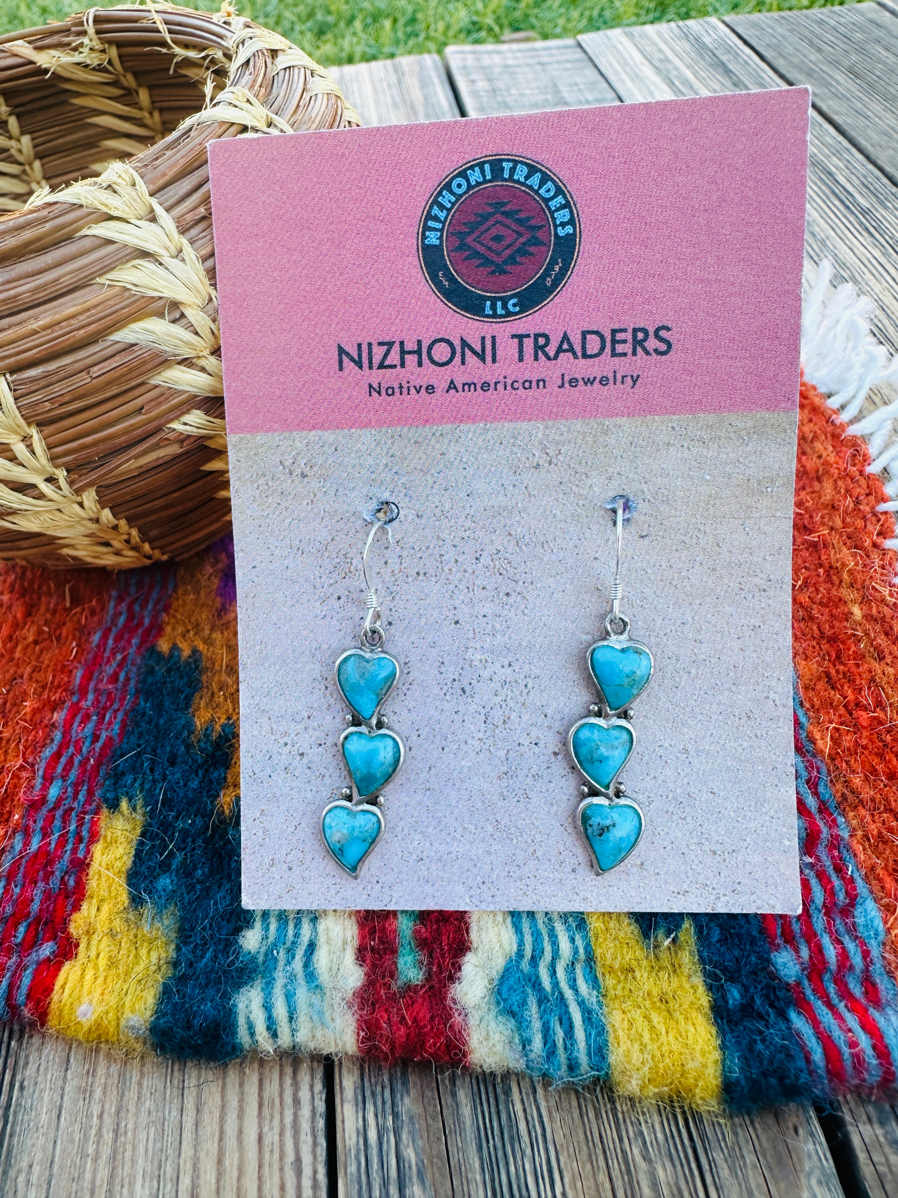 Handcrafted Old Pawn Sterling Silver & Turquoise Heart Dangle Earrings