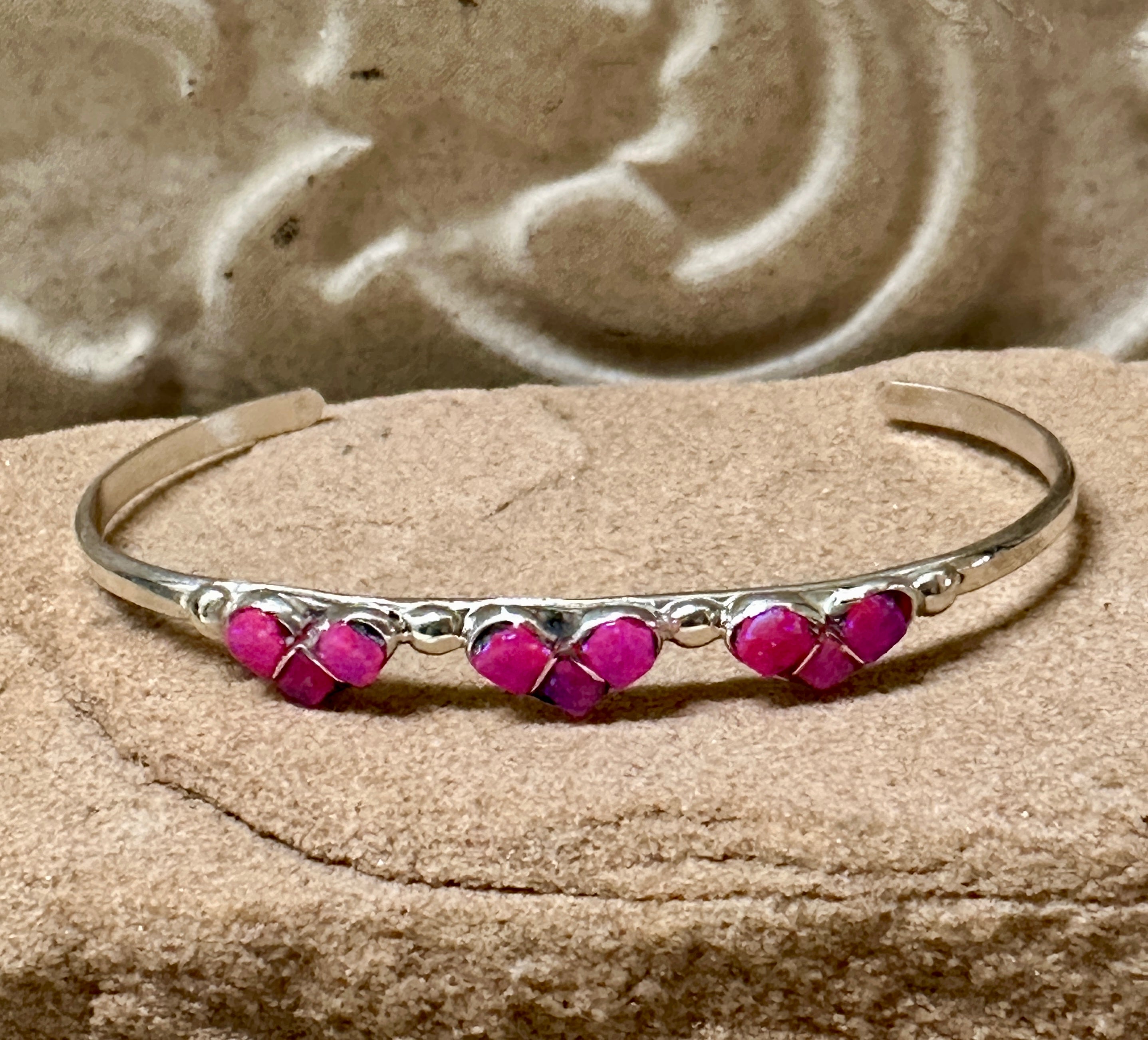 Sterling Silver Opal Three Hot Pink Hearts Baby Cuff Bracelet