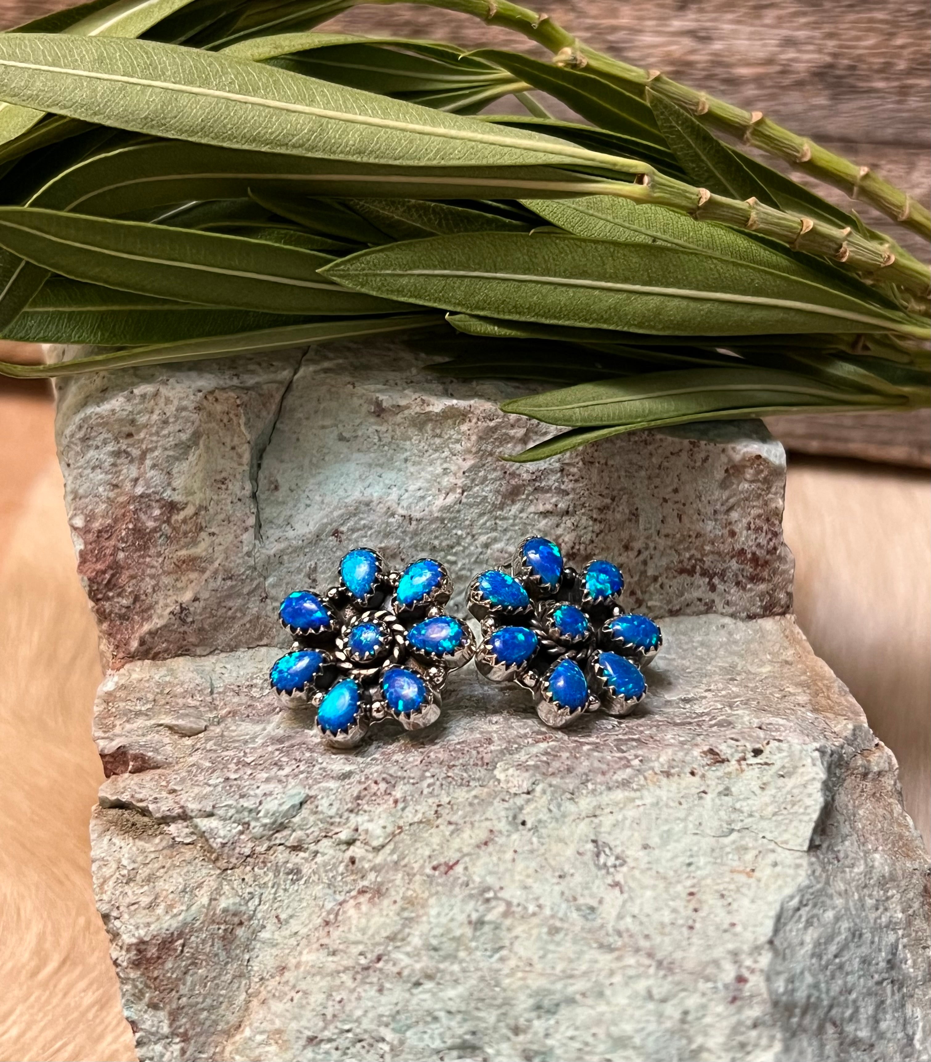 Handmade Blue Opal Flower Cluster & Sterling Silver Stud Earrings