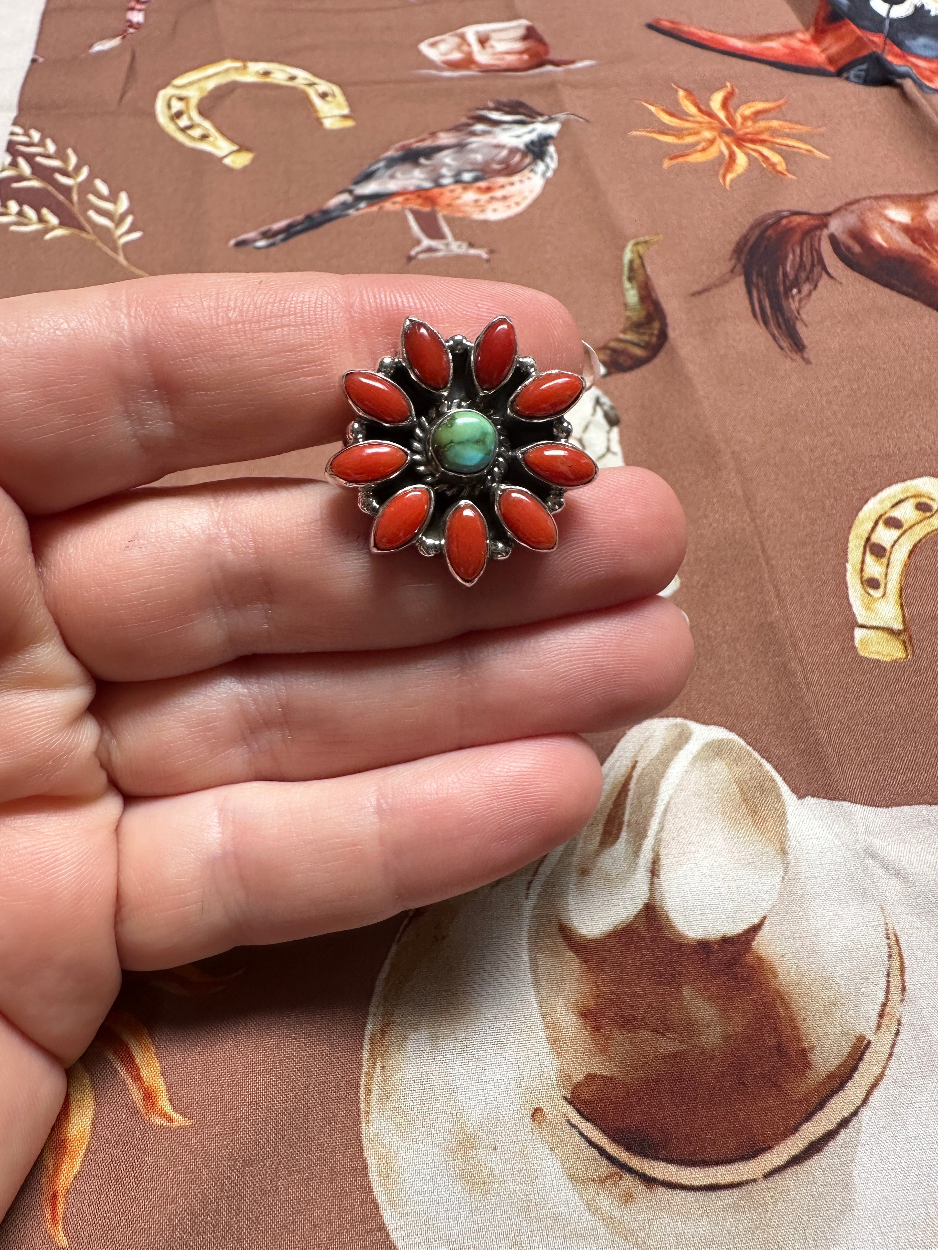 Beautiful Handmade Coral, Sonoran Turquoise And Sterling Silver Adjustable Ring STYLE 3