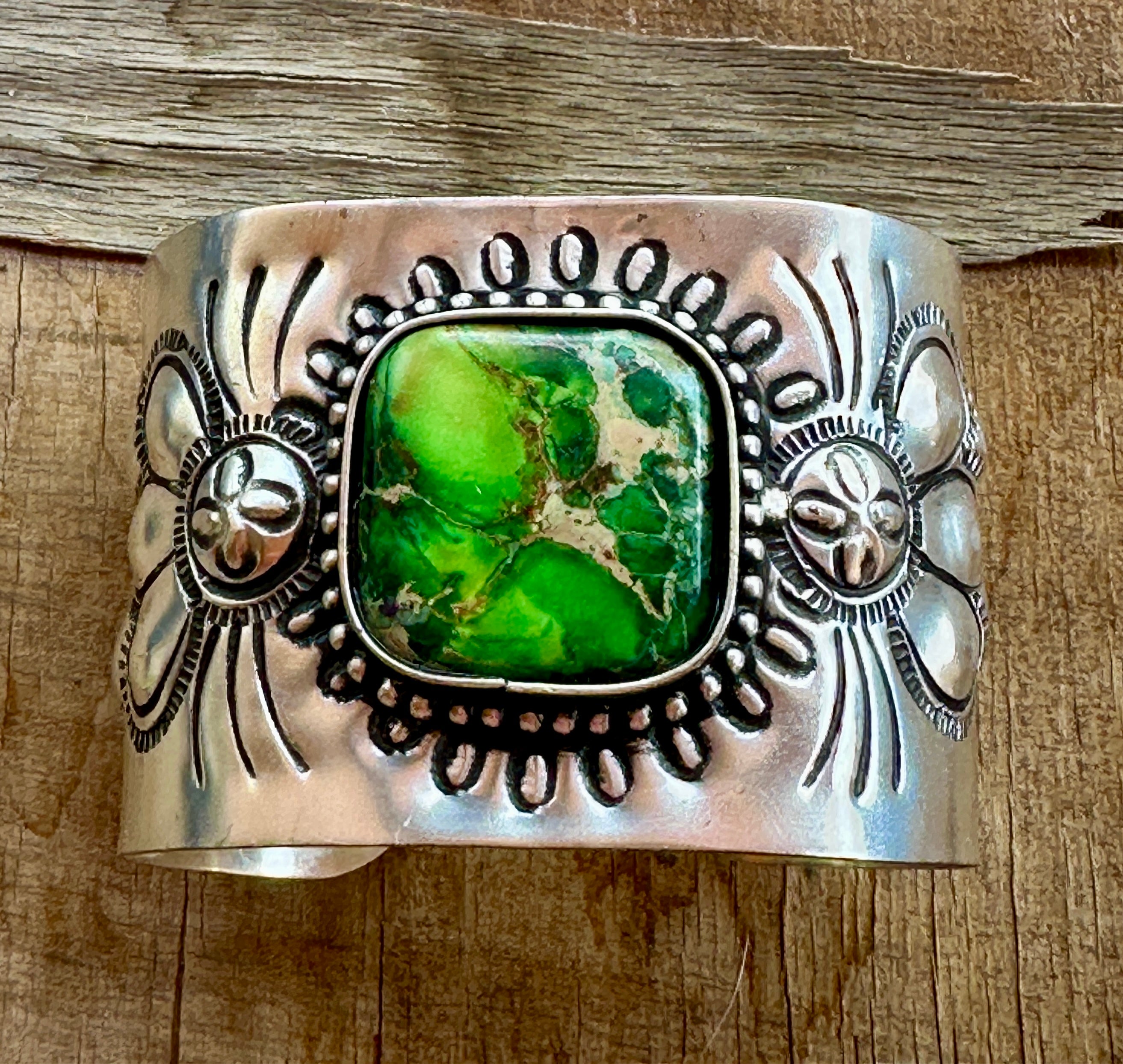 Engraved Silver Plated Cuff Bracelet with Green Stone