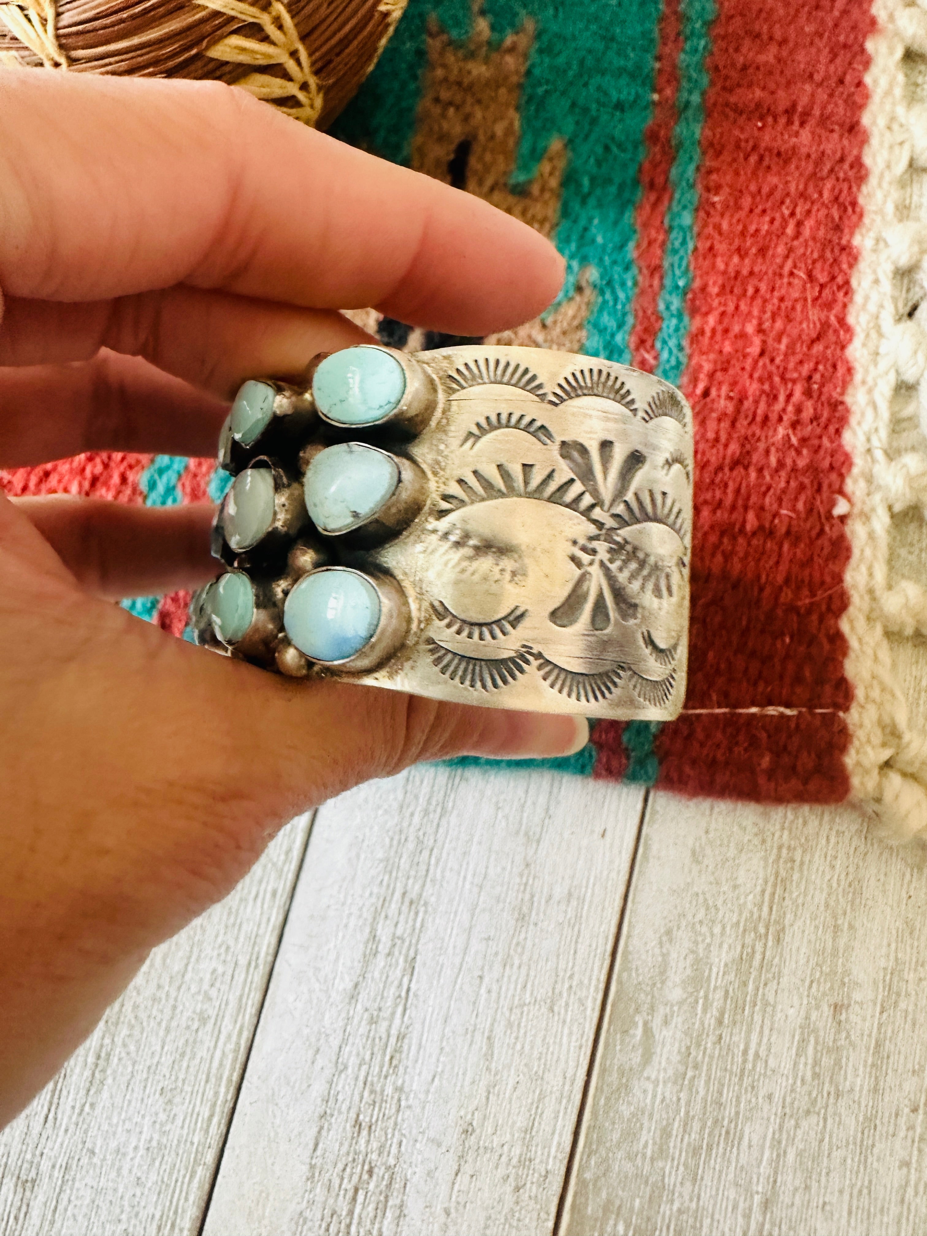 Navajo Sterling Silver & Golden Hills Turquoise Cluster Cuff Bracelet