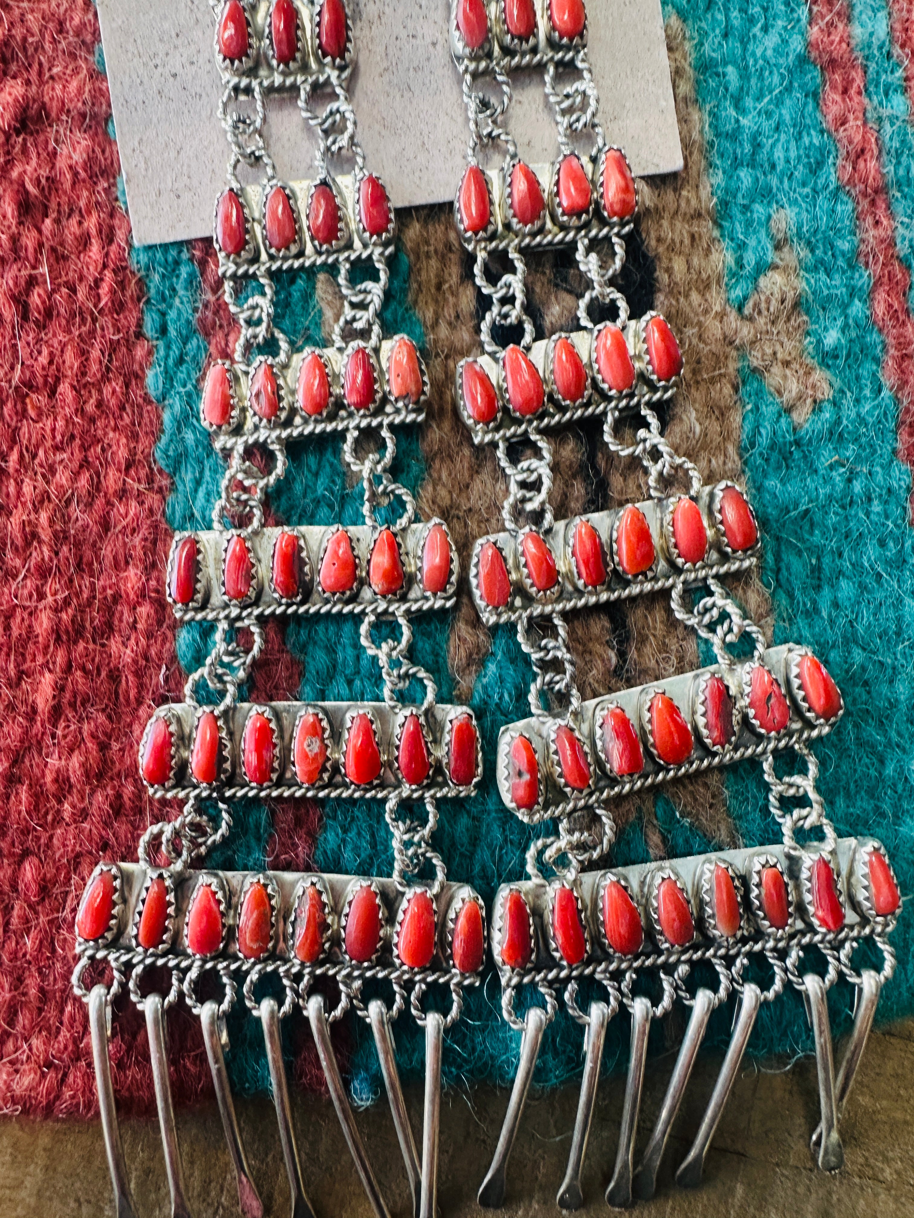 Handcrafted Coral & Sterling Silver Chandelier Dangle Earrings