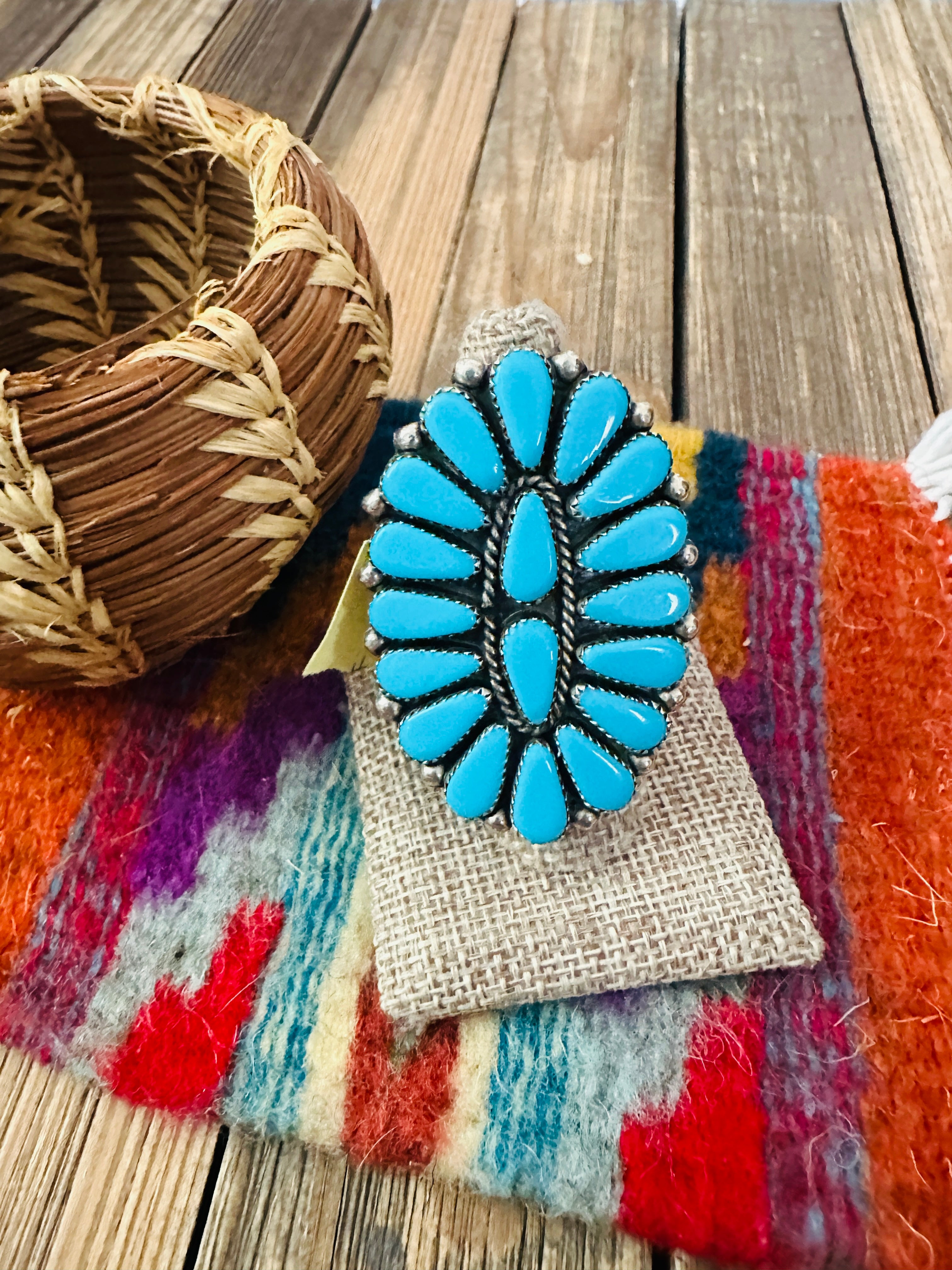 Old Pawn Handcrafted Turquoise & Sterling Silver Cluster Ring Size 10