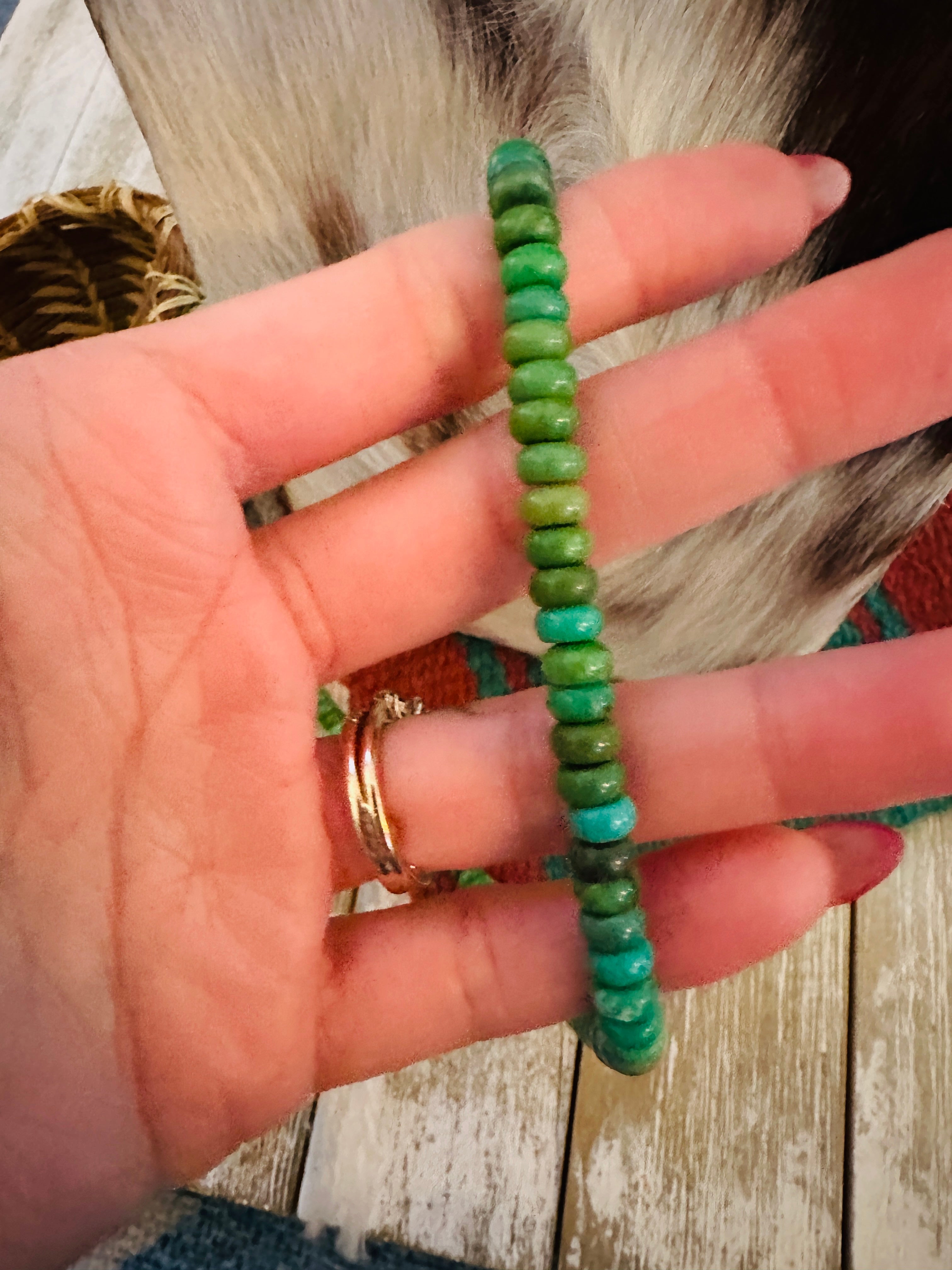 Handcrafted Green Turquoise & Sterling Silver Beaded Necklace 17”